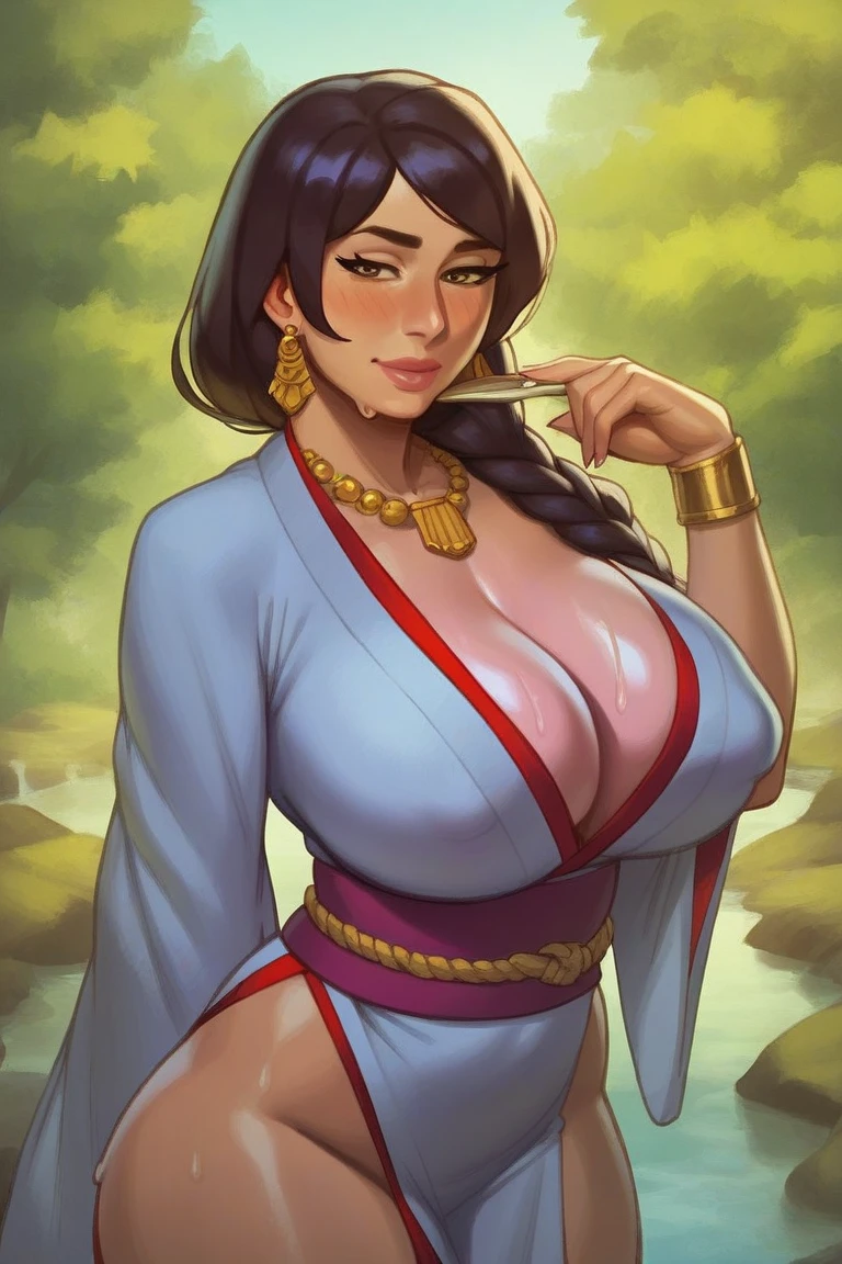 PonyXLV6_Scores,source_anime,masterpiece,best quality, highly detailed, perfect anatomy,amazing quality,
BREAK
 <lora:mulan:0.8>mulan,1girl, , solo, black hair, cleavage,medium , long hair, looking at viewer, black eyes, sash, lips, japanese clothes, kimono, hair between eyes,outdoors,