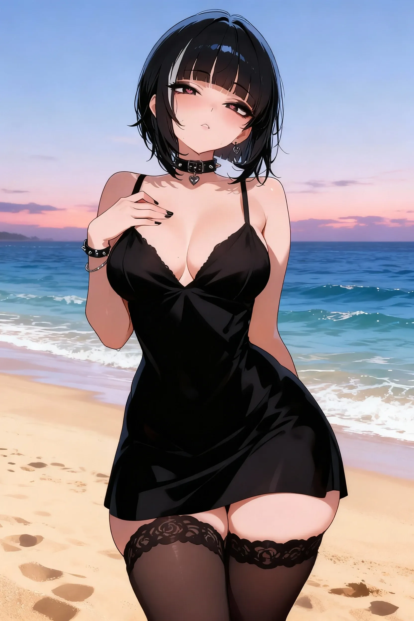 (best quality, 8K, masterpiece:1.3), pretty Woman, 1 girl, beautiful face, (????), Dark blue hair, blunt bangs short hair, stylish skirt, Ultra-detailed face, Detailed lips, super detailed eyes, double eyelids, long upper eyelashes, Soft skin, HD skin, Mediterranean, Vacation Homes, pier, seaside, Water Street, 8k, Super detailed, best quality detail, retina, Ultra-high resolution, masterpiece, ccurate