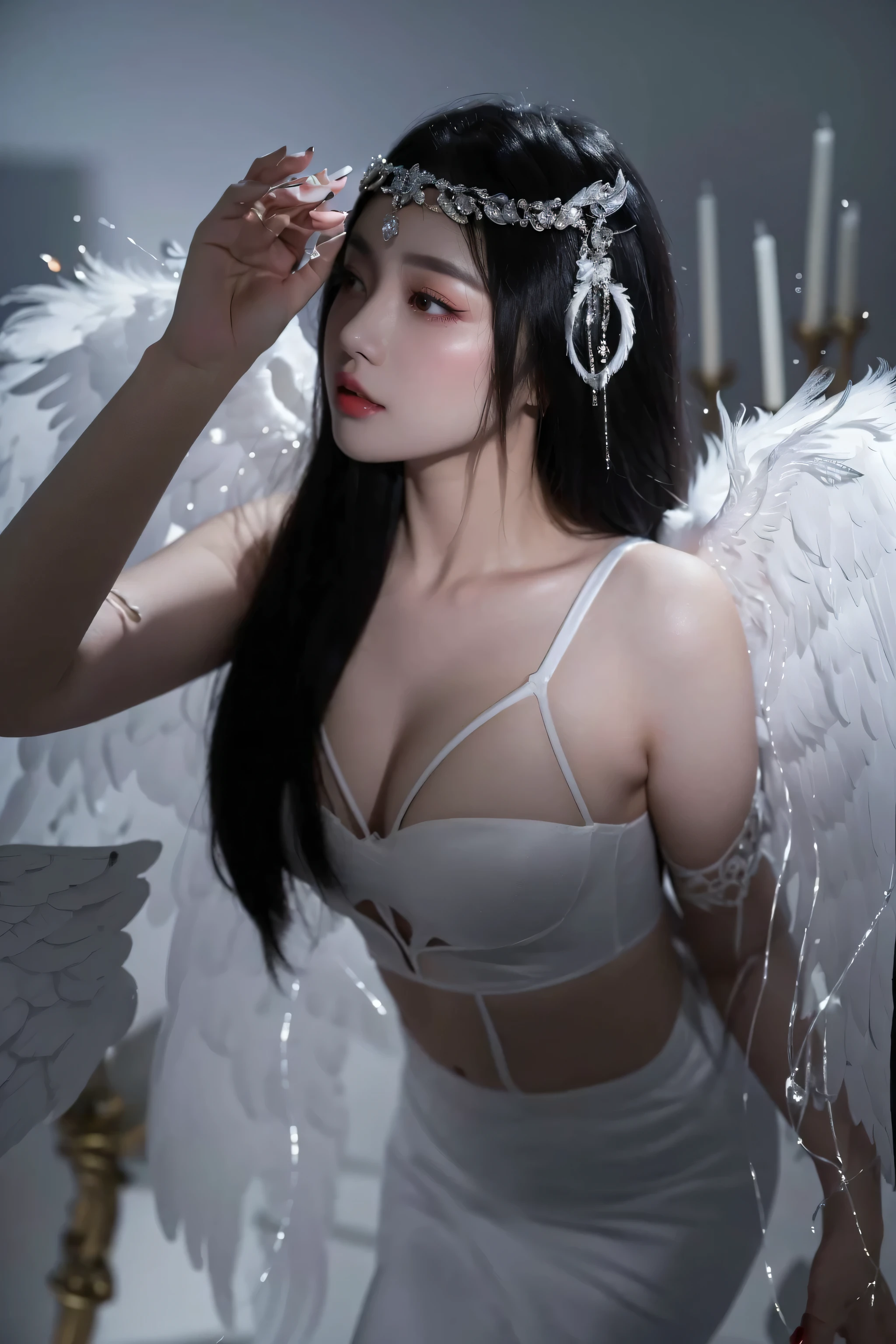 masterpiece, best quality, photorealistic, high resolution, highest quality, cinematic lighting, ultra-detailed, UHD, ccurate, anatomically correct, textured skin, super detail, high details, award winning, highres, 1080P, HD, 4K, 8k, 16k, strong contrast, anatomically correct , textured skin, , two young girls embracing, sitting on floor, anxious expression, small breasts, BREAK, translucent lace white , (((torn and dirty clothes, wrapped bandages, slave collars))), BREAK, folded feather wings, ((lots of scattered feathers)), background is very dark and dirty dungeon.