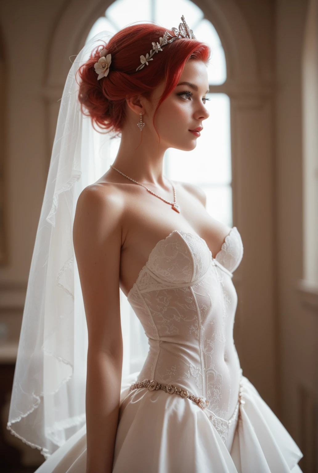 1 Girl, masterpiece, high resolution, Sonic edges_Rias_Grey Mory,Long red hair, ((????? back see-through wedding dress,big ???????,  Room, bridal lingerie, Wedding theme))