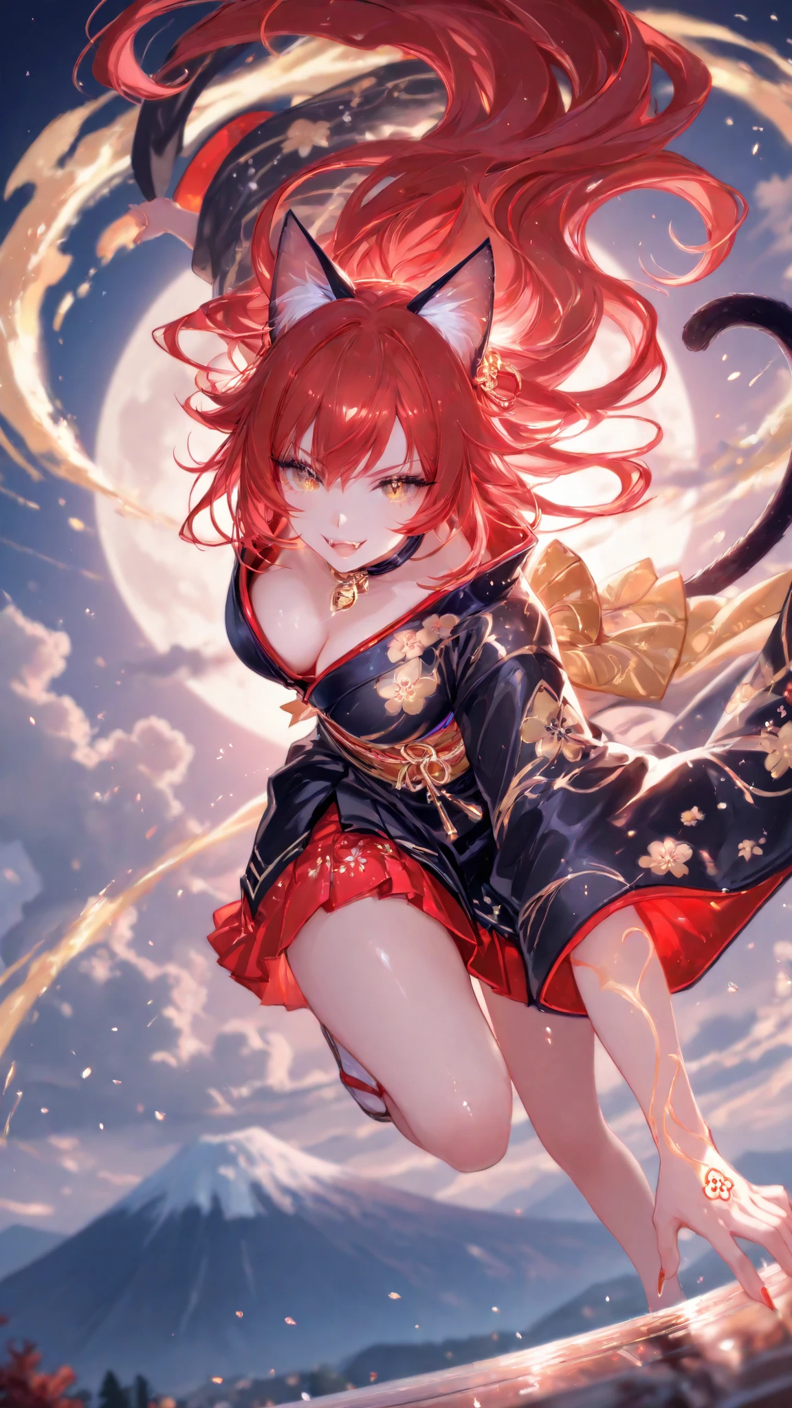 masterpiece,detailed_eyes,high_quality,best_quality,highres,subject_focus,depth_of_field,dynamic lighting,dynamic angle,detailed_eyes,seethrough clothes,breasts,clear skin,natural skin,Charming and delicate big eyes,brown eyes,Charming cleavage,atmospheric perspective,, 1girl (kimono neko girl), cat tail, smile with fangs, claws, very long wavy red hair, , , nice anime golden eyes, dynamic pose, in night japan village in background, mount Fuji, moon and clouds, very detailed.
Best quality, masterpiece, 8k, 1 girl