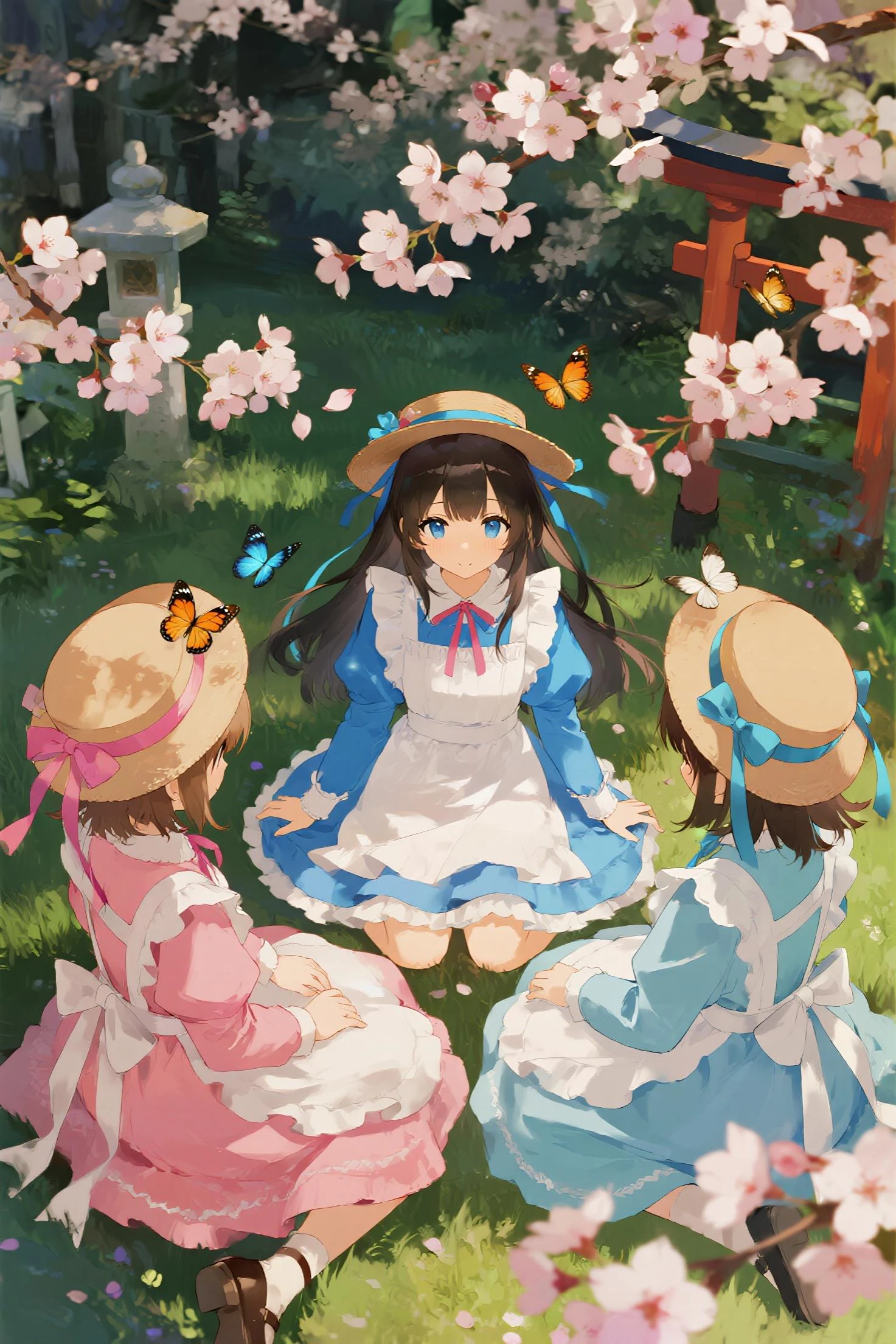 masterpiece, (2girls and 2girls and 2girls and 2girls at picnic), idol, big eyes, kawaiitech, kawaii, cute, pastel colors, best quality, happy, deep background, symmetrical, tilted head, summer