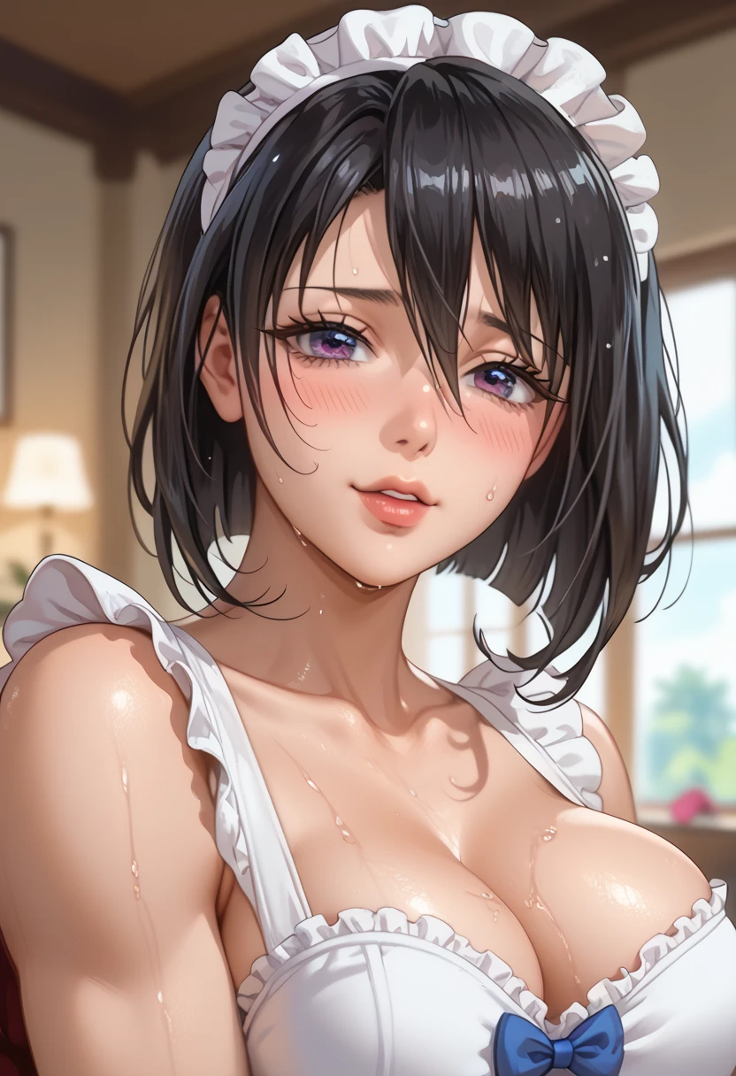 Luffy  with homura dark skin blue eyes black hair ponytail busty POV 