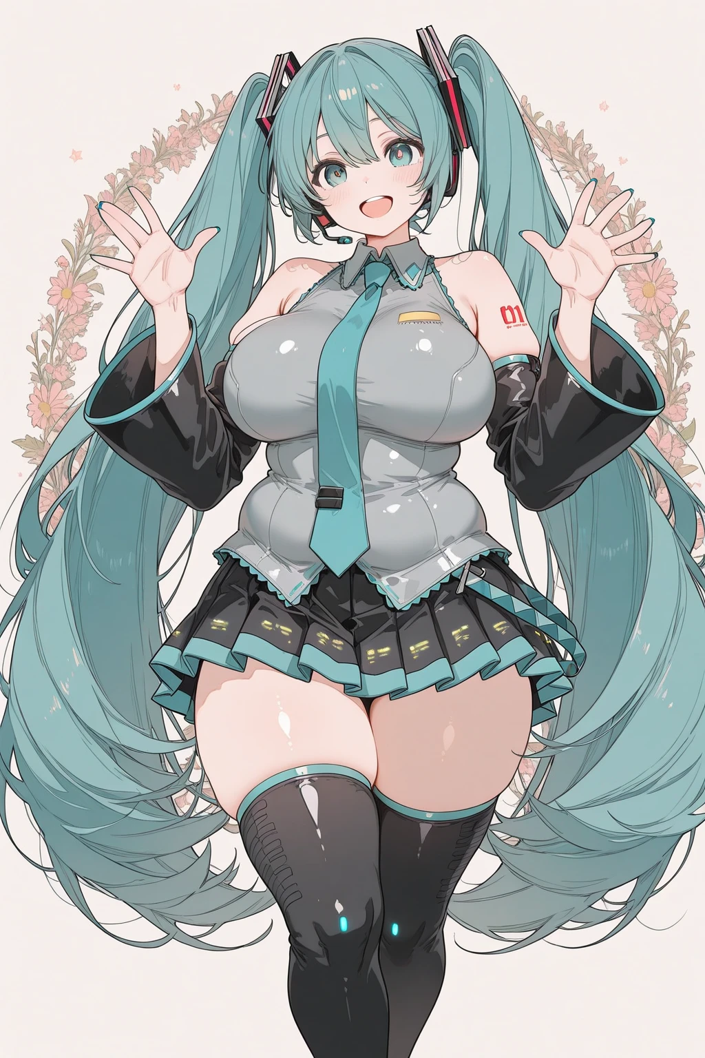 (((best quality, masterpiece, high resolution, ultra-detailed, 4K, 8K))), 1 girl, ((hatune miku)), (12 years old, cute girl, pretty girl), BREAK (teal twintalls, teal hair), (white blouse with blue edges, white no-sleeve, sleeveless, black independent sleeves and armcover), blue necktie, (black micro mini skirt, skirt hem blue), ((fully exposed panties, blue stripes panties:1.2)) (black knee high socks and shoes, black thighhighs), BREAK (thin waist, small ????), (((????????????????, sweat, thic thighs:1.4))), light smile, blush, (:p, long tongue)), (looking back:1.3), (Skirt flutters, Skirt lifted)