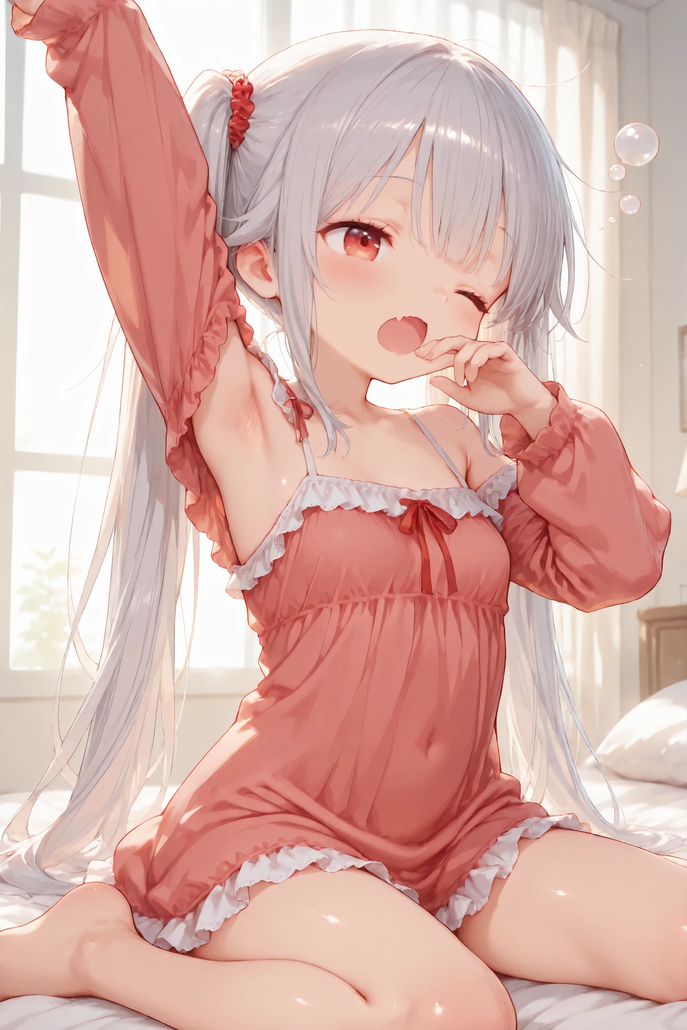 Shiny skin, Babe, character, chiya.
masterpiece, best quality, ultra detailed, high resolution, 8k, caustics,
super detailed skin perfect anatomy, dynamic lighting,
elaborate eye depiction, beautiful detailed eyes, a cute anime girl.
142cm tall, skinny, slim waist, small breasts.
silver hair, very long twin tails, silver to black gradient hair,
puppy paw hair ties.
# expression.
sleepy morning expression,
big open-mouth yawn with wavy yawn-mouth shape,
one eye half-open, the other eye fully closed,
soft relaxed cheeks, tiny visible fang during the yawn.
# outfit.
(red and white one-shoulder onepiece nightwear:1.3), sheer long sleeves,
clean vivid red × pure white color-block design,
asymmetric neckline exposing one shoulder,
soft stretchy fabric, youthful silhouette,
slightly flared skirt line, minimal frills.
# pose.
wariza sitting pose on the bed.
one arm stretched straight upward for a sleepy morning stretch, (visible armpit:1.3).
other hand resting loosely near the lap.
body slightly leaning back from the stretch,
sleepy relaxed posture.
# background.
on a bed with soft white sheets,
gentle warm morning light entering the room.
# effects.
small sleepy bubble anime effect near the mouth,
soft tiny breath puff,
warm early-morning atmosphere.
# outline.
fine line art, delicate line drawing, thin outlines, clean outlines, minimal noise