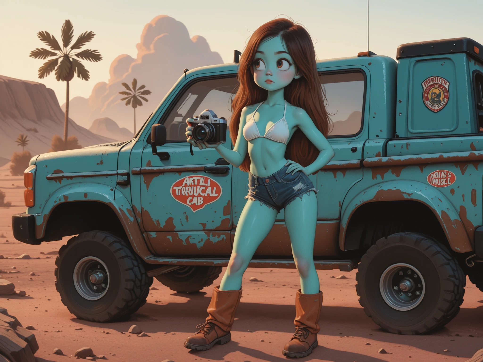 Por tsukushi Akihito,  artista:MoriiMee This is a sensual, full-body outdoor photograph featuring a fit woman in a  pose, standing in profile while leaning on a heavily modified, rustic vintage American pickup truck. She is wearing minimal attire—a white  top and extremely short, distressed denim cutoff shorts—and looking away from the camera. The truck is lifted, equipped with massive off-road tires, and features a two-tone rusty paint job (brown cab and faded aqua body) with a "CHEEVYLE CHEKO" racing sticker on the side, set against a dusty outdoor lot under bright daylight.