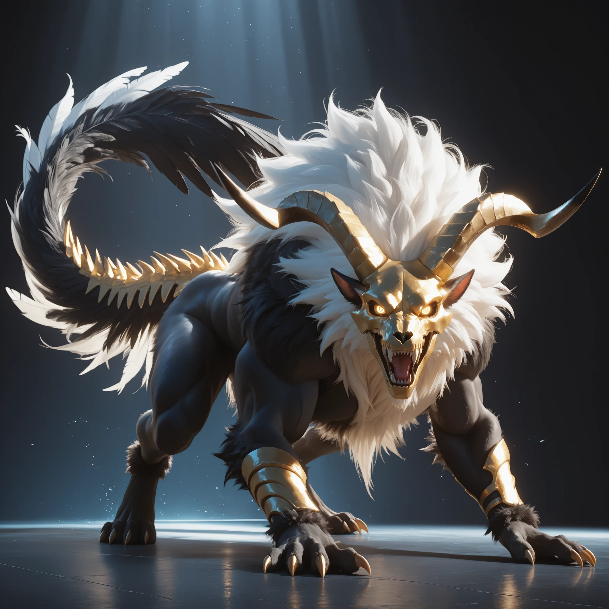 masterpiece, ultra-HD, impressionism, high detail, best quality, very aesthetic, 8K, best quality, beautiful, ultra-high resolution, 32K UHD, sharp focus, 3D, animal, solo, male, beast, wild, black messy fur, long messy white hair, black feathers, feathers, white rays patterns, glowing golden eyes, star-shaped pupils, quadruped, sharp teeth, claws, long tail, golden animal skull, horns, long snout, pointy ears, muscular, serious, roaring, open mouth, , full body, looking at the viewer, simple background, profile view