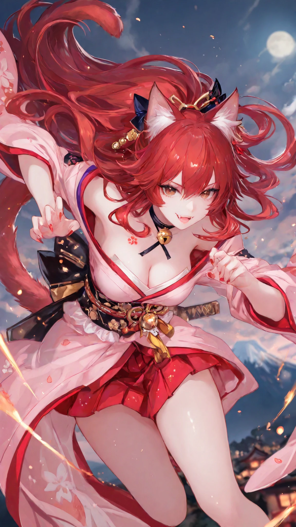 masterpiece,detailed_eyes,high_quality,best_quality,highres,subject_focus,depth_of_field,dynamic lighting,dynamic angle,detailed_eyes,seethrough clothes,breasts,clear skin,natural skin,Charming and delicate big eyes,brown eyes,Charming cleavage,atmospheric perspective,, 1girl (kimono neko girl), cat tail, smile with fangs, claws, very long wavy red hair, , , nice anime golden eyes, dynamic pose, in night japan village in background, mount Fuji, moon and clouds, very detailed.
Best quality, masterpiece, 8k, 1 girl