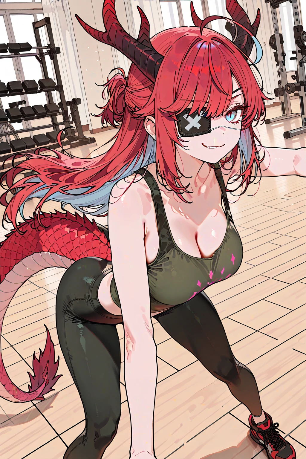 masterpiece, best quality, solo, 1girl, m11a, monster girl, lamia, scales, sweat, :d, tongue out, forked tongue, looking at viewer, hand on own hip, flexing, red hair, hair between eyes, hairclip, pointy ears, yellow eyes, slit pupils, one eye closed, black sports bra, black skirt, pencil skirt, bare shoulders, stomach, navel, cleavage, large breasts, outdoors, day, park
<segment:yolo-Anzhc Face seg 640 v2 y8n.pt,0.4,0.5//cid=1>