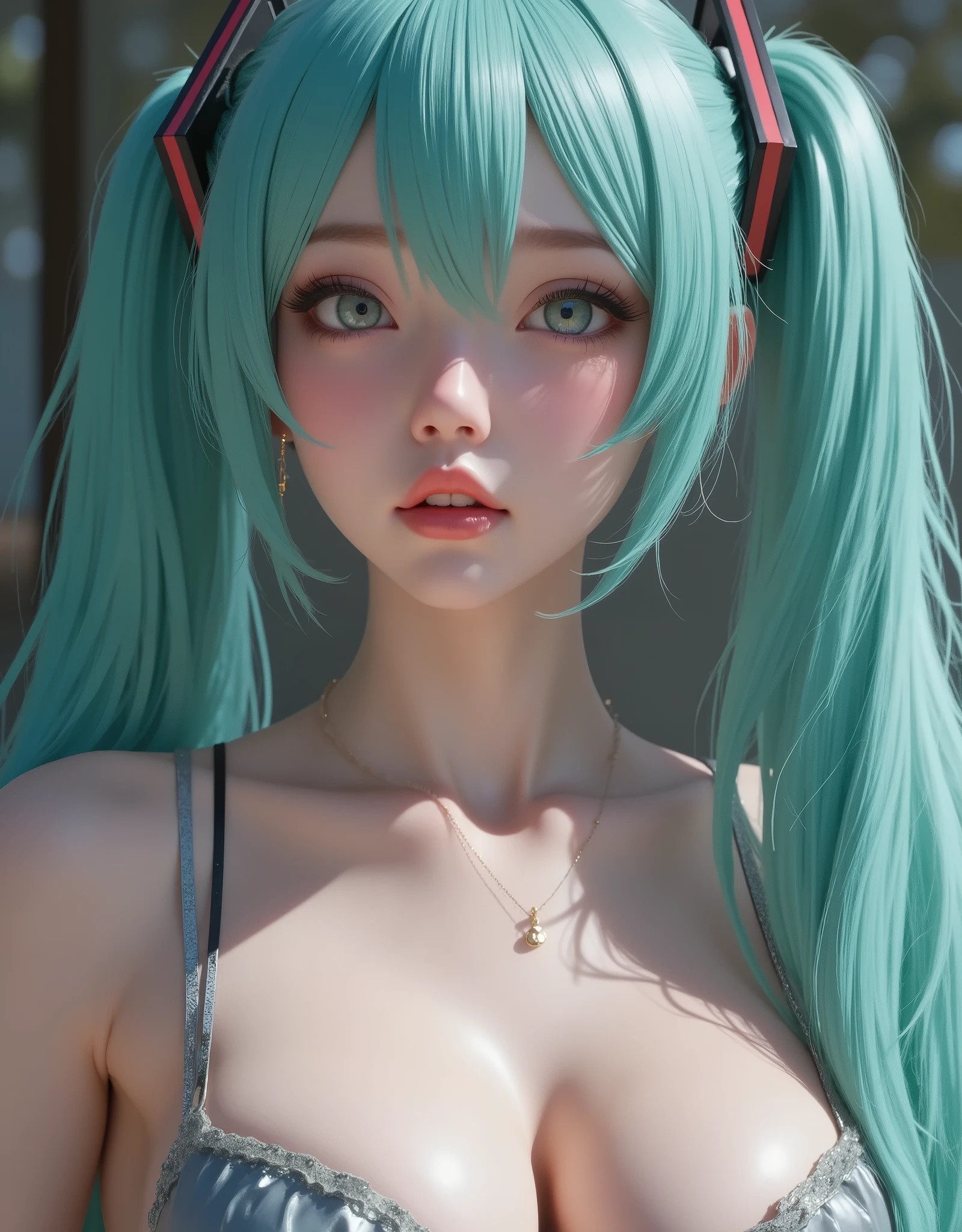 close up (hyperrealistic) The ((Hatsune Miku)),rostro hermoso,hair ((verThe esmeralda)),((very long twin pigtails)),eyes granThes,eyes ((verThe esmeralda ultraThetallados)),Thetalles finos en el rostro,pestañas largas y Thefinidas,textura realista The piel,subtle glitters on pale skin like porcelain,emphasized bust,perfect anatomy,Sleeveless silver shirt,hombros Thescubiertos,mangas The campana negras,corbata verThe esmeralda,short black pleated skirt,Thigh-length black tights,(RAW photograph),(photorealistic),(hyperrealistic),(masterpiece),(High quality),(Thefinición 8K),(ultra Thetallada),(resolución absoluta),(Thetalles exquisitos),(hdr),realistic style,iridescent effects, surreal background,cinematic lighting,contraste dinámico The luz y sombra