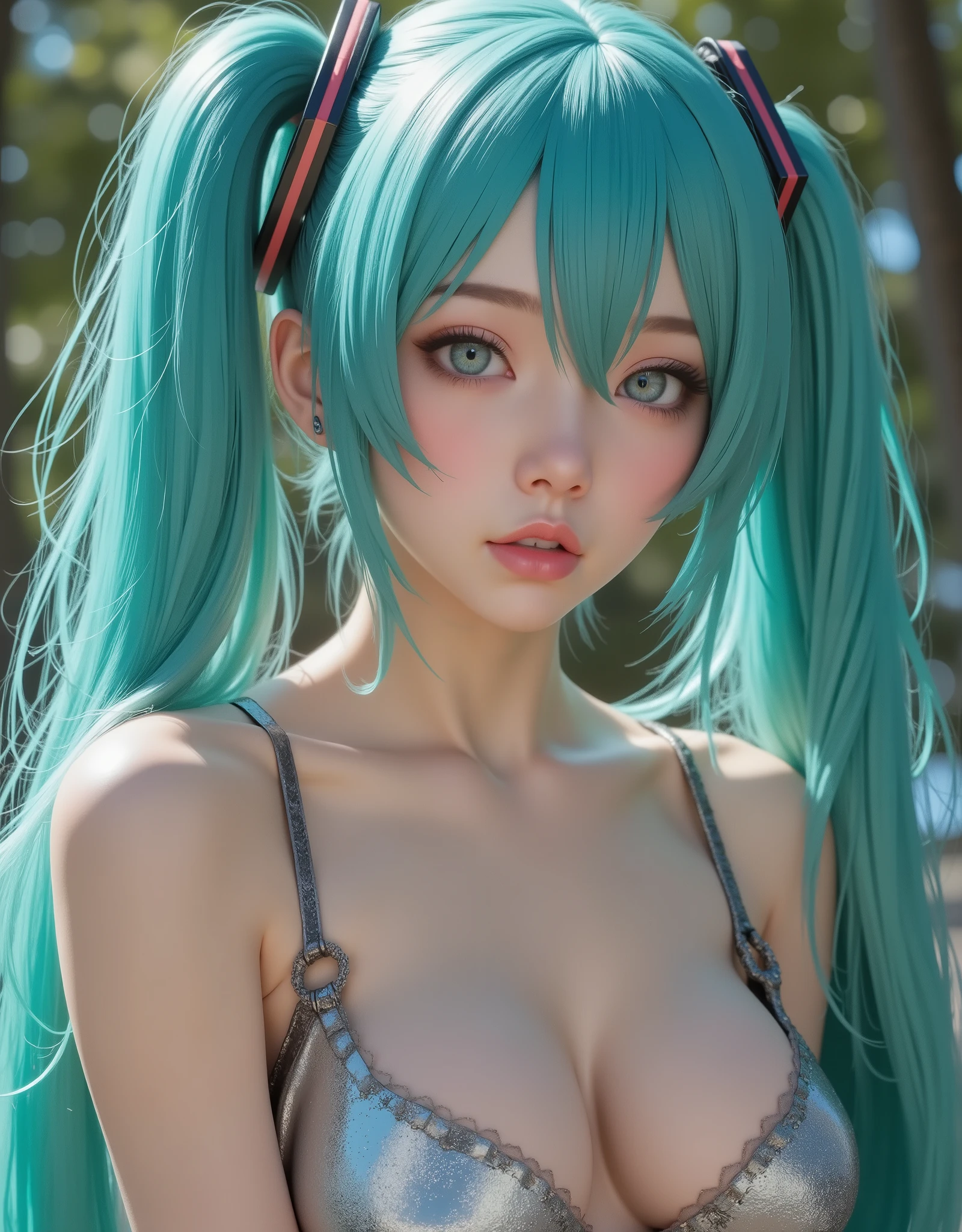 close up (hyperrealistic) The ((Hatsune Miku)),rostro hermoso,hair ((verThe esmeralda)),((very long twin pigtails)),eyes granThes,eyes ((verThe esmeralda ultraThetallados)),Thetalles finos en el rostro,pestañas largas y Thefinidas,textura realista The piel,subtle glitters on pale skin like porcelain,emphasized bust,perfect anatomy,Sleeveless silver shirt,hombros Thescubiertos,mangas The campana negras,corbata verThe esmeralda,short black pleated skirt,Thigh-length black tights,(RAW photograph),(photorealistic),(hyperrealistic),(masterpiece),(High quality),(Thefinición 8K),(ultra Thetallada),(resolución absoluta),(Thetalles exquisitos),(hdr),realistic style,iridescent effects, surreal background,cinematic lighting,contraste dinámico The luz y sombra
