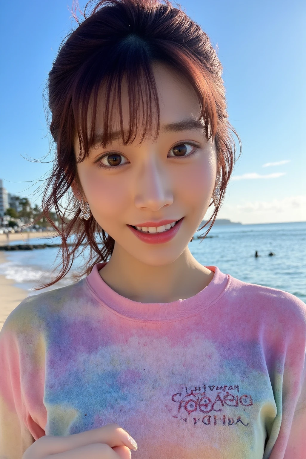 Best image quality、RAW Photos、超A high resolution、21 years old Korean、Small 、Dynamic Angle、Cowboy Shot、Chaos in its most beautiful form、elegant、Brutalist Design、Vibrant colors、Beautiful white hair、Short Bob、smile、fun、smile、Glowing White Skin、Beautiful eyes with green colors、Very thin lips、Beautiful eyes in every detail、 Narrow eyes、Cheeks are pale pink、Eyelash length、Beautiful double eyelids、eye shadow、Bright black hair、Overalls、Lightweight  jacket、Sandy Beach、null、Shooting from diagonally below、Low Angle、The wind is blowing、Hair fluttering、boost mood、Full body photo