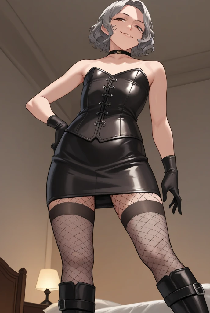 a single (mature MILF BIMBO albino skin and short white hair), (FULL BODY) perfect face, wearing tight leather bandages, BIG KNOCKERS CLEAVAGE,  smirking smile red blush red cheeks, , kneeling, , leather black collar slave, ((BLACK background)) WITH KNOCKERS on glass, glass window fog water drop, metal handcuffs clenching fist, black choker collar, thigh highs, long legs, metal ankle, metal sandals, metal shoulders, standing straight symmetrical against glass,  grabbing her own 