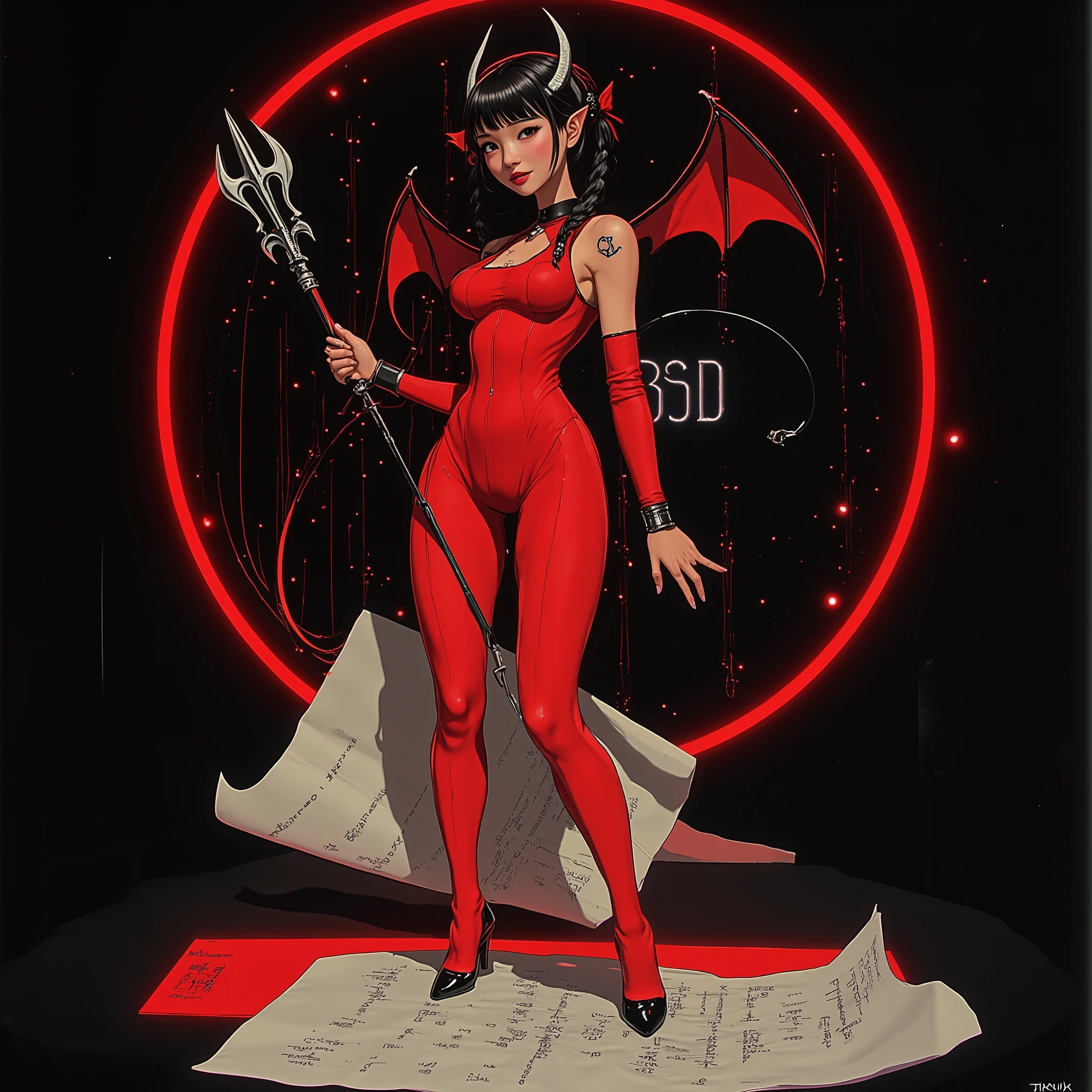 A KAWAII girl version of a "BSD daemon", a girl with a devilish smile, a red bodysuit, a pose with a distinctive trident, small devil wings, cute horn decorations, a black terminal screen background symbolizing a UNIX environment, floating strings of code, a hologram display of '/bin/sh', a costume design featuring the "BSD" logo, typical of a system administrator, a magic circle effect representing a daemon process, command lines fired from fingertips, a scroll-like manual page, UNIX commands scattered throughout, an item symbolizing hacker culture, a crown representing superuser authority, a technical and intellectual atmosphere, a fusion of digital and fantasy, the contrast of red and black, cyberpunk elements, modern tech aesthetic, kawaii daemon design, digital effects, Super-Detailed Rich Textures, Ultra-Fine HDR Commercial Photo . BSD stands for Berkeley Software Distribution