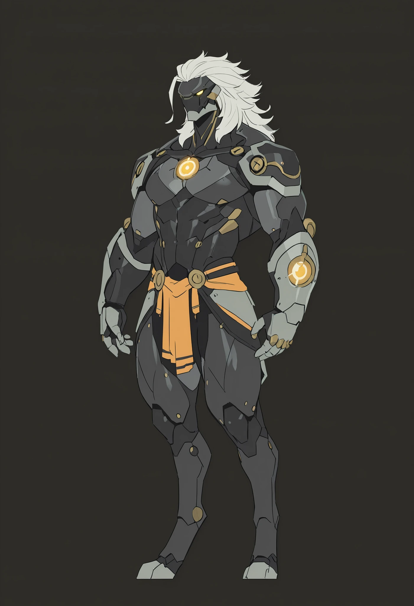 masterpiece, best quality, amazing quality, very aesthetic, humanoid warforged, short mane, detailed musculature, fantasy futuristic body armor, balanced yet muscular physique, thick arms and legs, digitigrade legs, wide bulky chest, body is a fusion of rubber goo texture and black steel scale, muscle-shaped armor that highlights musculature, mechanical detailed face, simple dark background, portrait