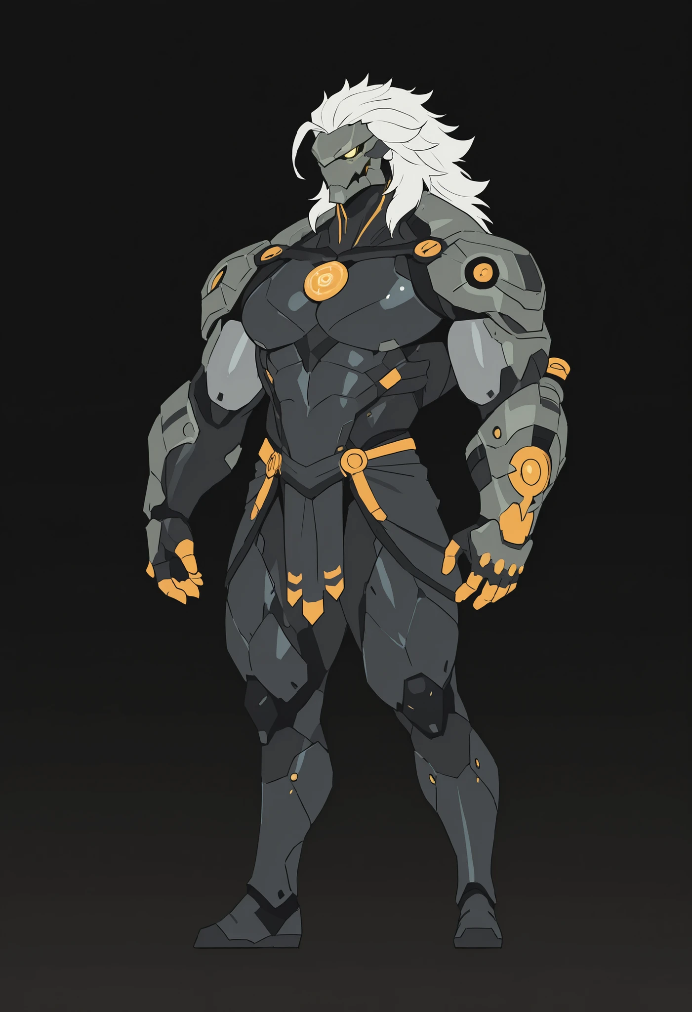 masterpiece, best quality, amazing quality, very aesthetic, humanoid warforged, short mane, detailed musculature, fantasy futuristic body armor, balanced yet muscular physique, thick arms and legs, wide bulky chest, body is a fusion of rubber goo texture and black steel scale, muscle-shaped armor that highlights musculature, mechanical detailed face, simple dark background, dynamic view