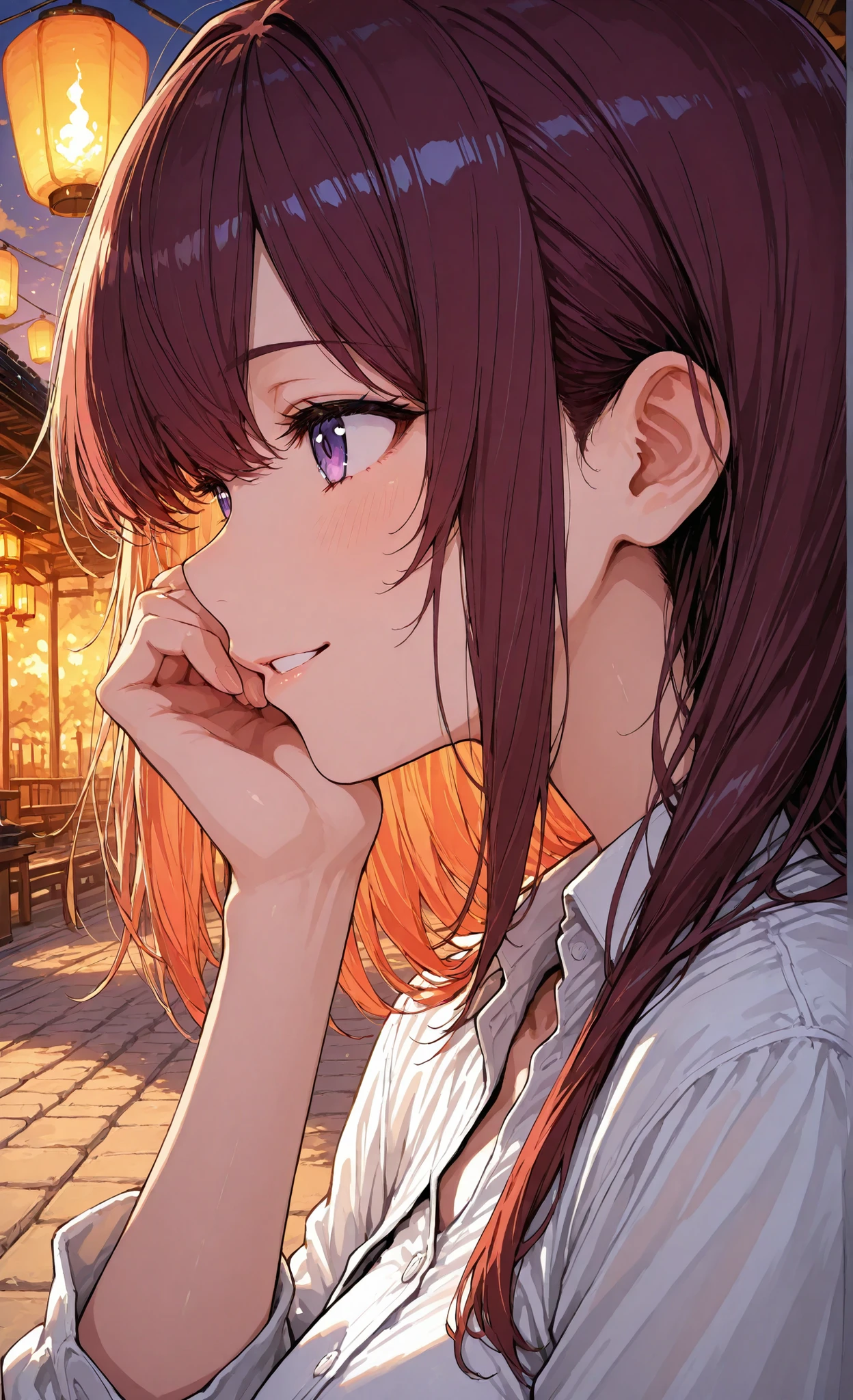 high quality, masterpiece, best quality, anime style close-up, young girl with burgundy hair and purple eyes, shoulder-up view, TRUE SIDE PROFILE from the left, girl facing to the RIGHT side of the screen, her face is completely horizontal, no eye contact with viewer, looking to the right, smiling joyfully as if enjoying the fire festival, her cheek and profile gently illuminated by the warm glow of festival torches, subtle red highlights on her cheeks from flickering firelight, soft ambient lighting casting delicate and soft shadows, calm and dreamy fire-lit background with flickering torches and small floating lanterns, warm reflections in her eyes looking to the right, slight breeze moving her hair backward, intimate composition as if observing her from the side, romantic and tender atmosphere, gentle magical glow, soft focus on background to enhance emotional depth, warm color palette, cinematic soft lighting, ethereal and peaceful anime-style mood, wholesome and playful