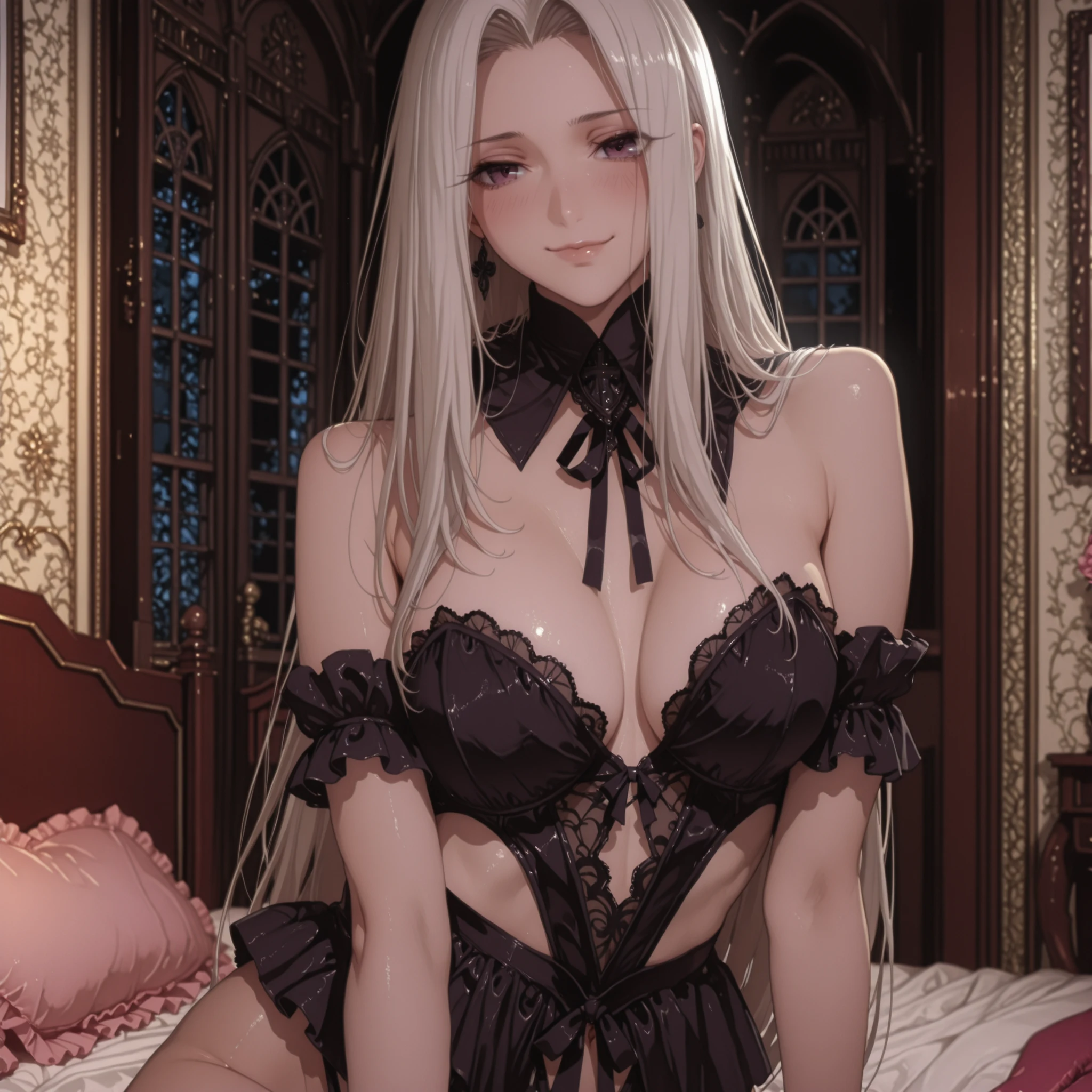4k,masterpiece, highly detailed,solo, woman, voluptuos body, pose, soft smile, revealing night outfit ,elegant castle bedroom with a window place