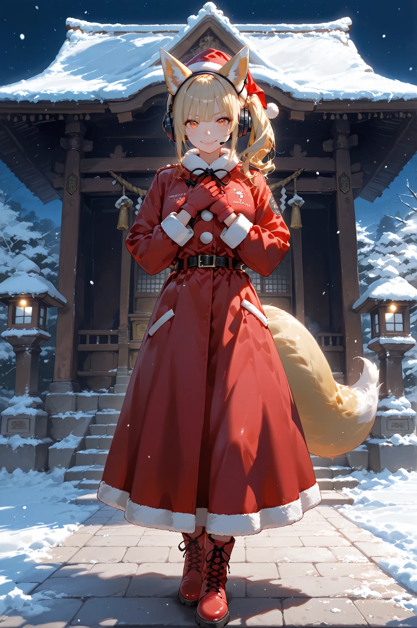 (Greatest Masterpiece:1.5), (top quality:1.4), (A shrine decorated with lots of illuminated bean light bulbs:1.3)、Yellow, blue, and red light、Wonderful illuminations、Super Detailed Smiles Elegantly, Cinematic Lighting,
Blonde Girl with Fox Ears , Side Ponytail Smells Like Dust、Amber Eyes、headset、Flappy Fox Tail、Santa Claus costume、Red Velvet Outfit、Red Santa Hat 、Red Santa Claus Coat, Red gloves、red boots、red long skirt、 Red Long Coat、
sing in front of a stand microphone in the form of a shrine, holds both arms on the chest and sings enthusiastically、stage as a singer、White Snow White Fluttering,
serious eyes, Nervous Composition, Clear sky with snow fluttering through the night sky, colorful illuminations that shine at night, Realistic Texture