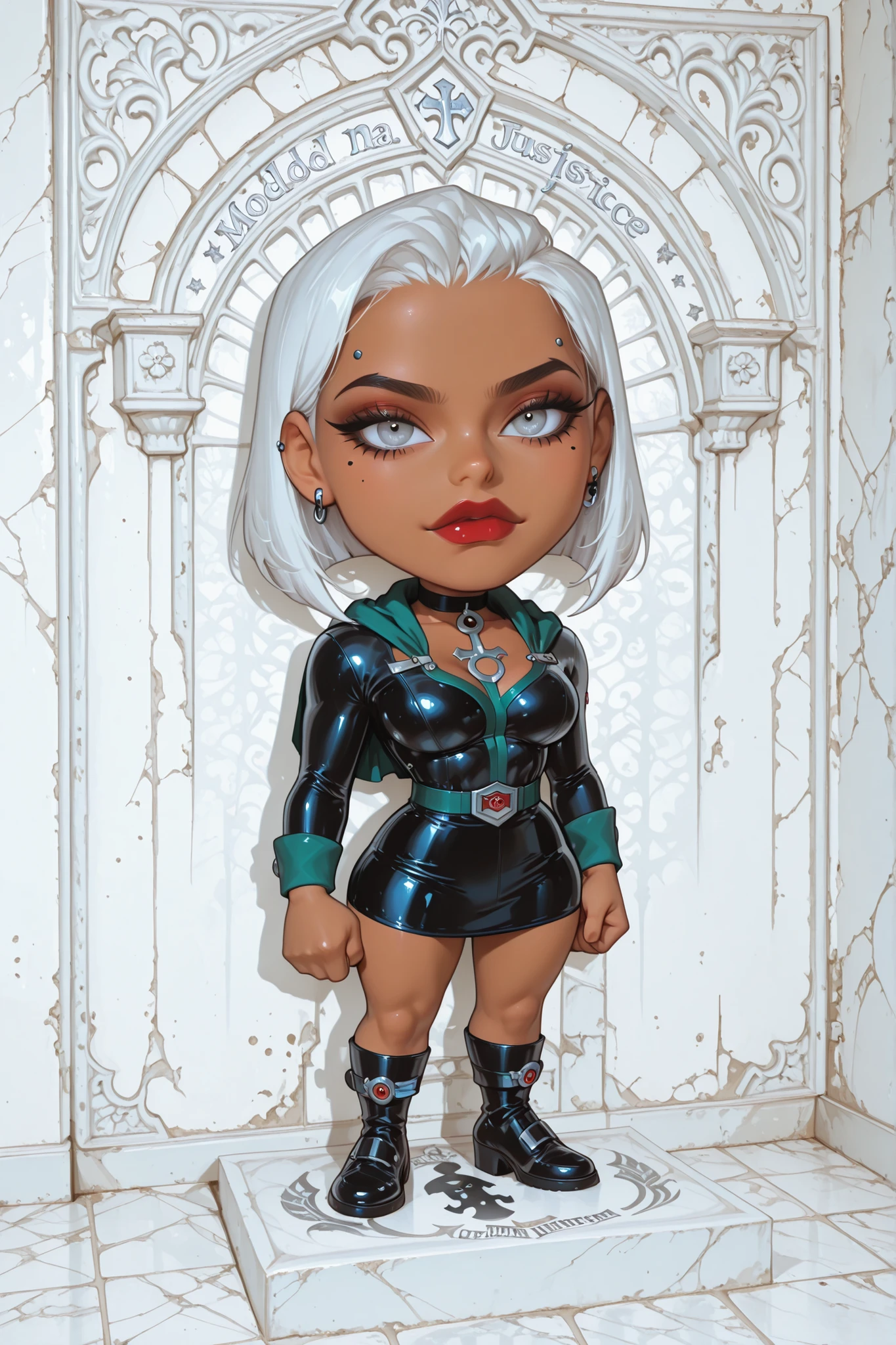 Diana "mulher maravilha, DC character Turn on Justice (CHIBI), (solo) uniforme personagem, piercing na orelha, pose para uma foto, modelo, Shaped character "Chibi", white scenery with character shadow