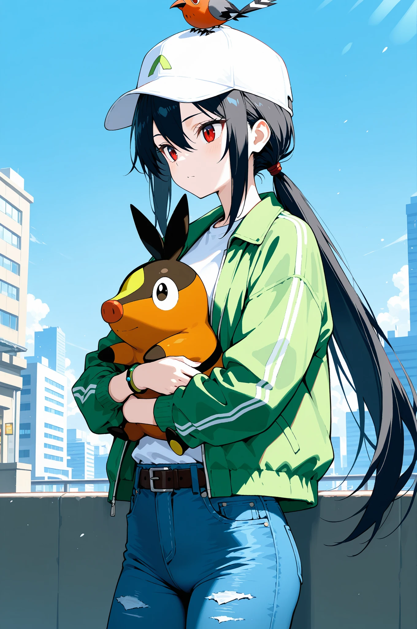 masterpiece, best quality, highres, ultra-detailed, extremely detailed, sharp focus, 8k, UHD, cinematic lighting, beautiful lighting, soft shading, shading, sharp lines, anime style, perfect anatomy,
beautiful girl, 1girl, straight hair, long black hair, long low ponytail, bangs between eyes, sidelocks, red eyes, Black hair tie, (tsurime:0.8), slim, (15 years old), (Small breasts:0.5), hat, white headwear, open jacket, green jacket, long sleeves, single bracelet, white shirt, blue pants, jeans, wide pants, belt, white socks, ribbed socks, shoes, multicolored footwear, blue footwear, In the big city, hugging Tepig, clear sky, upper body, Fletchling on head