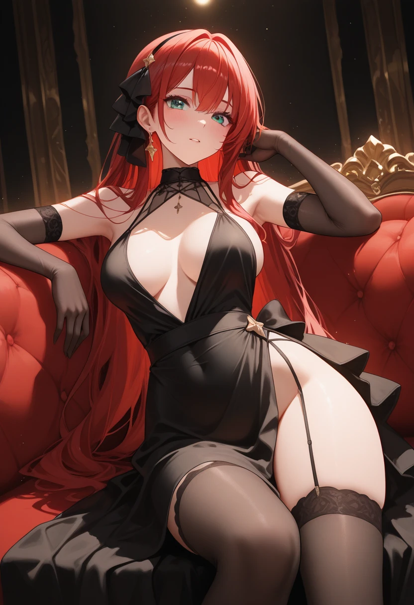 night room, cute girl sleeping on huge bed, short red hair, black eyes, long maxi dress, big ??????, big ???, huge wardrobe, huge window, closed curtain, one door,