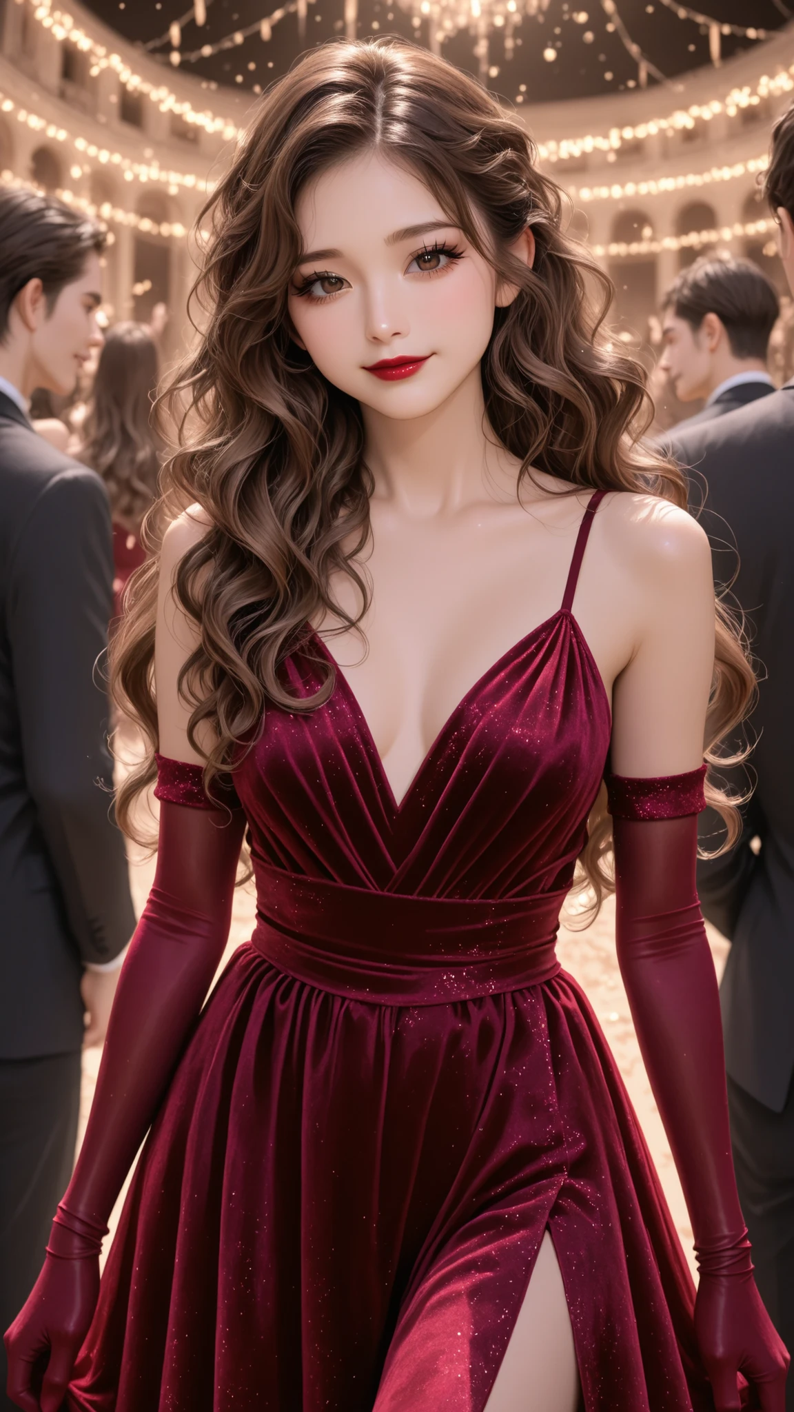 KY_0004, A girl, brown hair, brown eyes, eyelashes, long hair, lipstick, wavy hair, velvet dress, velvet long gloves, party venue, light smile, cowboy shot
