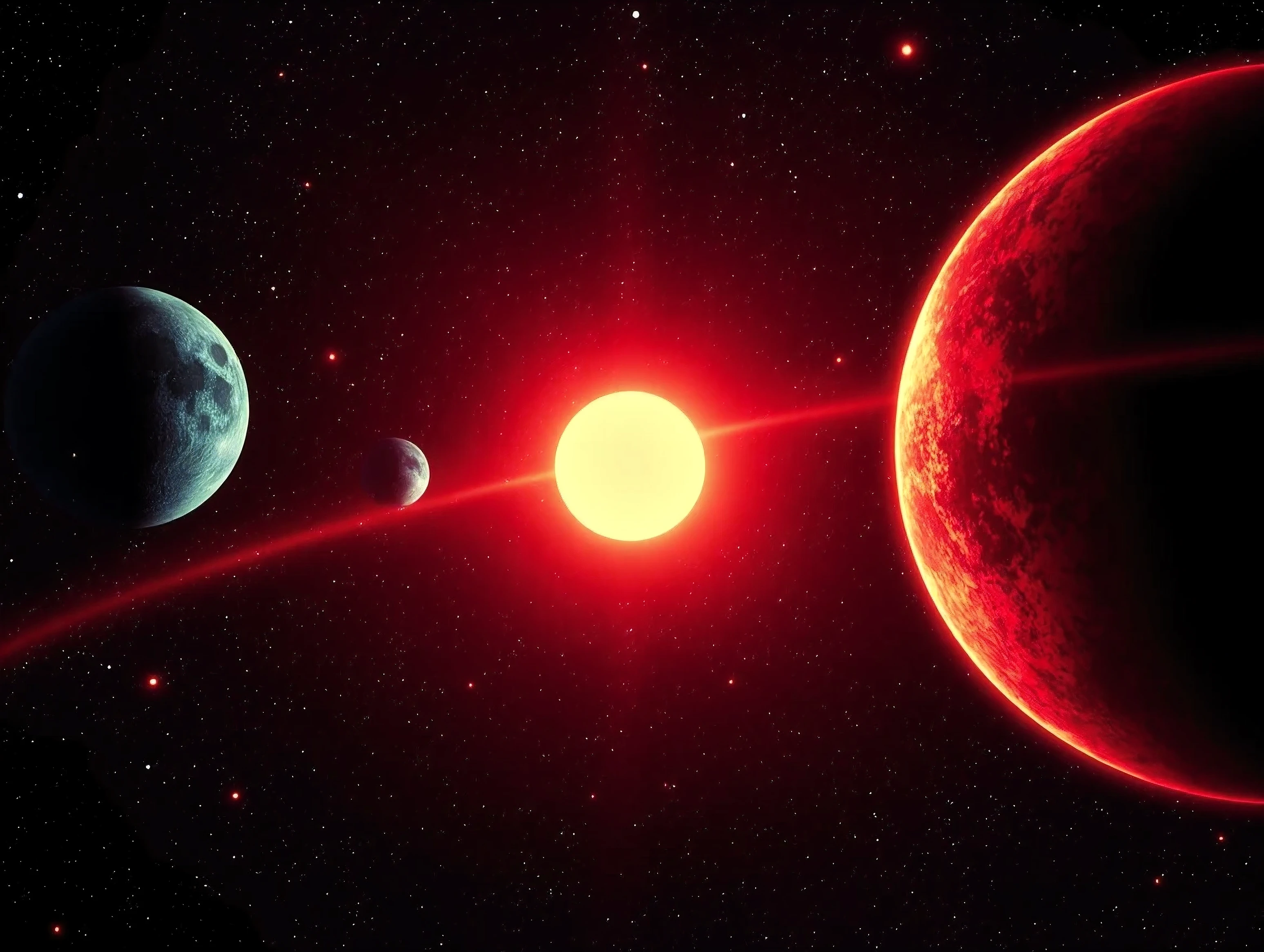 In this vivid and surreal image in the style of the James Webb Space Telescope and, the Hubble Telescope, a cosmic scene unfolds against a backdrop of deep blackness studded with a myriad of colorful celestial bodies and nebulae. Dominating the composition is a massive, glowing orb reminiscent of a star or planet in the midst of a solar eclipse. Its luminous red and yellow halo radiates vibrant energy, casting a surreal glow across the scene. Surrounding this central figure are smaller, multicolored planets and stars, each uniquely rendered in striking, exaggerated hues like greens, blues, and reds. A large, detailed Moon-like sphere hangs prominently in the upper portion of the image, providing contrast with its textured, familiar surface. The atmosphere evokes an otherworldly sense of wonder and exploration, with the bright colors and stark contrasts creating a dreamlike, almost psychedelic impression of a distant galaxy or parallel universe where natural laws seem to be reimagined. God's beauty,  Ultra-realistic,photo-realistic perfect  symmetry, rotational symmetry, icon style, ultra-detailed, physically-based rendering, 8k, cinematic photography and composition, cinematic lighting and  shading, hyperrealistic, 3D Rendering, cinematography, ultra spherical, depth of field, UHDR, best quality, awe-inspiring, avant-garde images, a masterpiece 