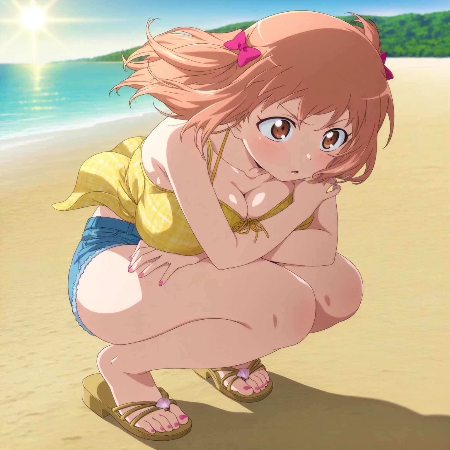 akari ozora, medium long hair, pink ribbon on left head, , flat , small , , 細い足, 細い太もも, 7 years old, lolita, beach, blush, shy, embarassing, embarrassed face, full body, smile, (((sweat))), run, 走る, running