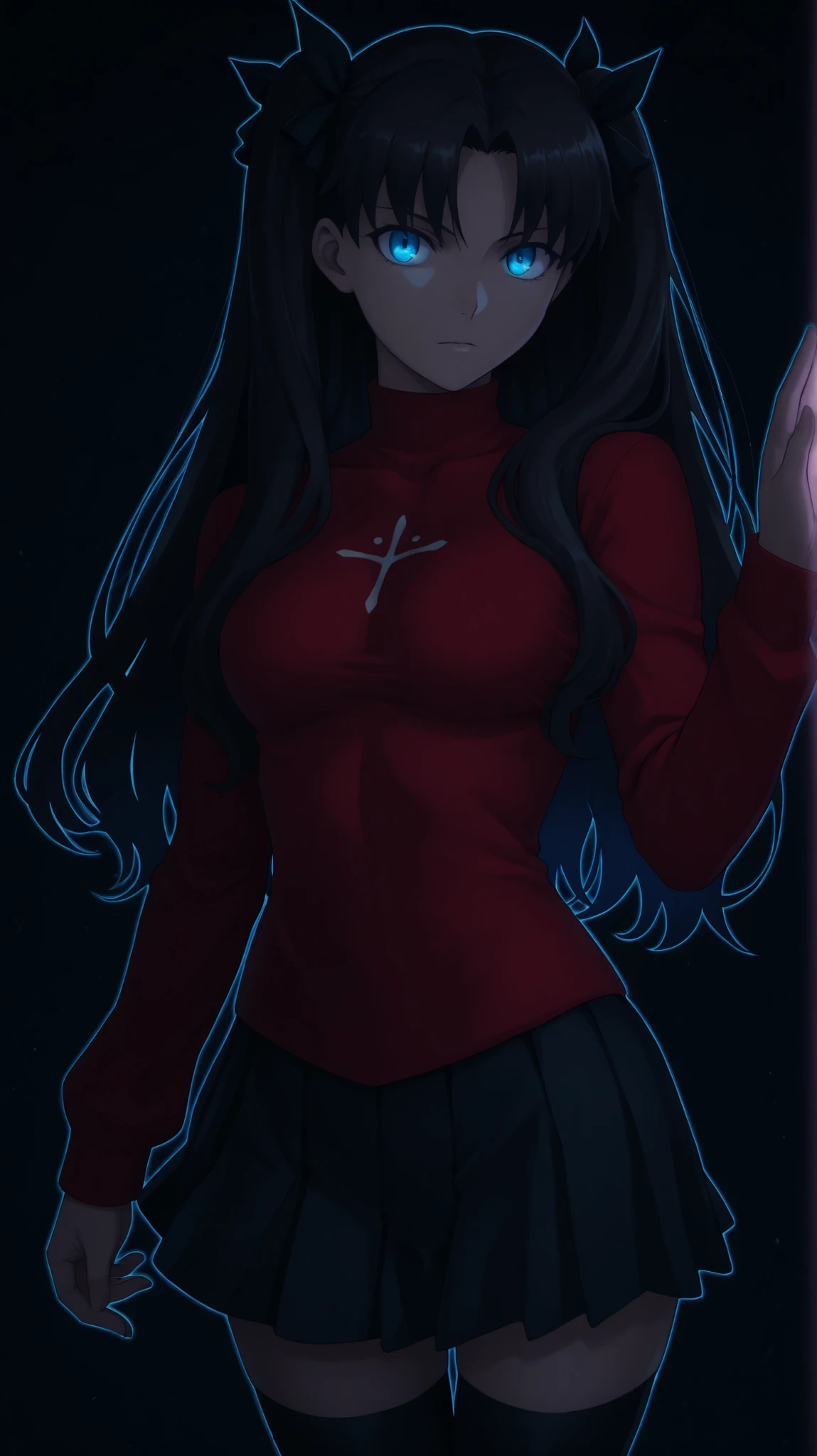 (masterpiece, best quality, absurdres, highres, score_9, score_8_up, score_7_up, source_anime, rin tohsaka, long hair, blue eyes, black hair, ribbon, hair ribbon, two side up, , anime screencap, skirt, thighhighs, long sleeves, pleated skirt, black thighhighs, black skirt, sweater, turtleneck, red sweater, , (limited palette:1.4), vector trace, black background, colorful, (vibrant, glowing outline, neon hair, blacklight:1.2), looking at viewer, (side view:0.1),0range theme,