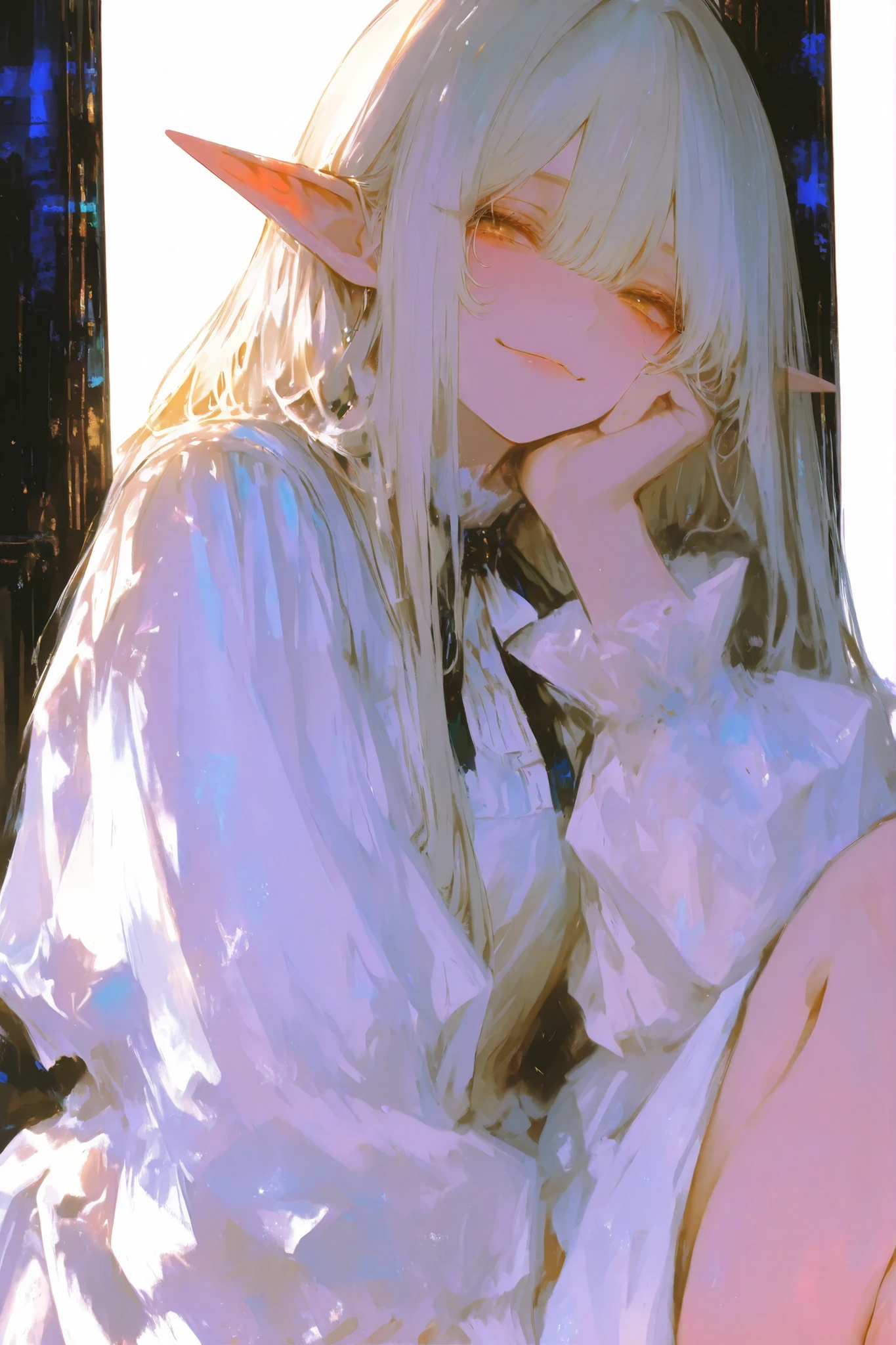 0_11Xx_B,4k, 妖精, masterpiece, best quality, amazing quality, absurdres,Monami, ultra-detailed, very aesthetic, cinematic, vibrant colors, high detailed, simple white background, radiant lighting, skin quality enhance, detailed eyes, anime, 1girl, solo,

elf girl, white long hair, golden eyes, wearing a white dress, elegant, noblest 

smug smile, sitting, crossing her legs
