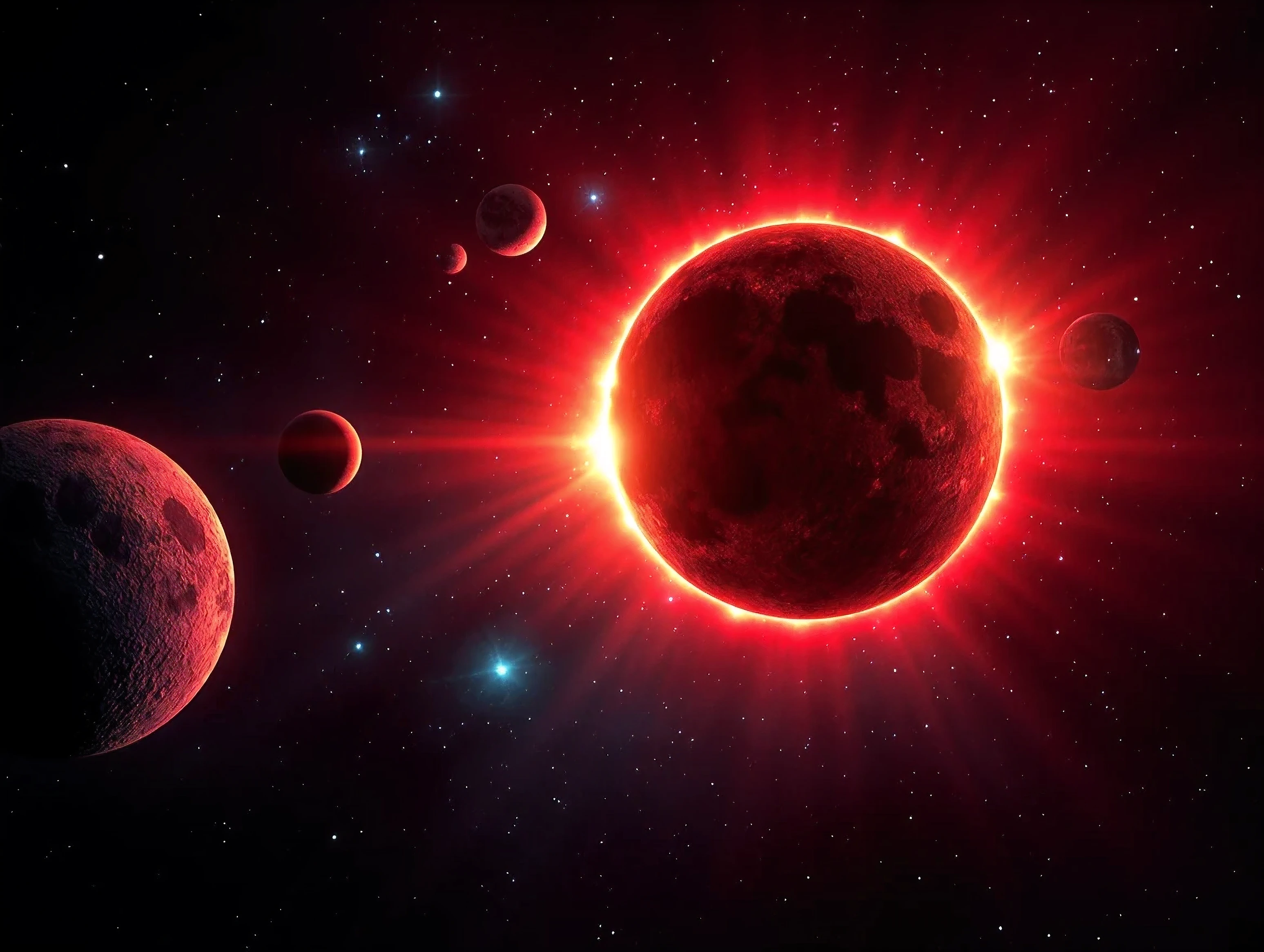 In this vivid and surreal image in the style of the James Webb Space Telescope and, the Hubble Telescope, a cosmic scene unfolds against a backdrop of deep blackness studded with a myriad of colorful celestial bodies and nebulae. Dominating the composition is a massive, glowing orb reminiscent of a star or planet in the midst of a solar eclipse. Its luminous red and yellow halo radiates vibrant energy, casting a surreal glow across the scene. Surrounding this central figure are smaller, multicolored planets and stars, each uniquely rendered in striking, exaggerated hues like greens, blues, and reds. A large, detailed Moon-like sphere hangs prominently in the upper portion of the image, providing contrast with its textured, familiar surface. The atmosphere evokes an otherworldly sense of wonder and exploration, with the bright colors and stark contrasts creating a dreamlike, almost psychedelic impression of a distant galaxy or parallel universe where natural laws seem to be reimagined. God's beauty, Ultra-realistic,photo-realistic perfect symmetry, rotational symmetry, icon style, ultra-detailed, physically-based rendering, 8k, cinematic photography and composition, cinematic lighting and shading, hyperrealistic, 3D Rendering, cinematography, ultra spherical, depth of field, UHDR, best quality, awe-inspiring, avant-garde images, a masterpiece