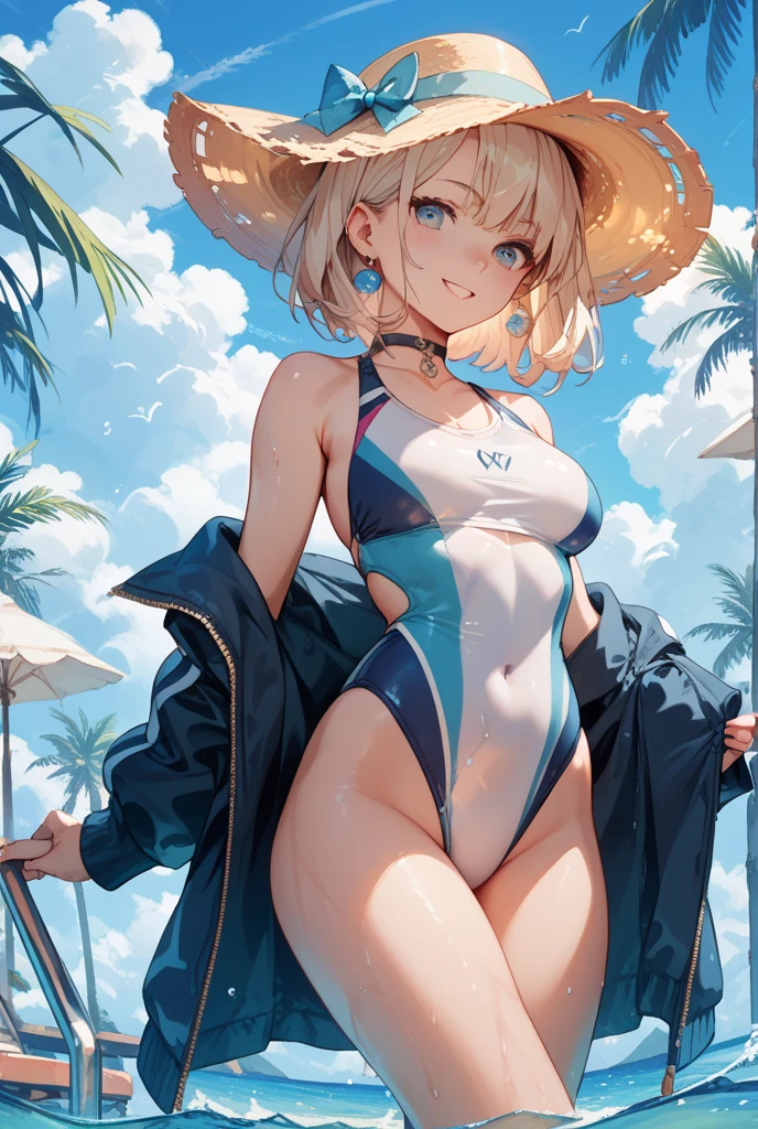 1young_teen_ girl,blond_hair,medium_bob_hair,white_leotard,,thigh,medium_breasts,smile,open_mouth,harbor_background,apart_legs,happy,short_gloves ,solo, navel,_groin