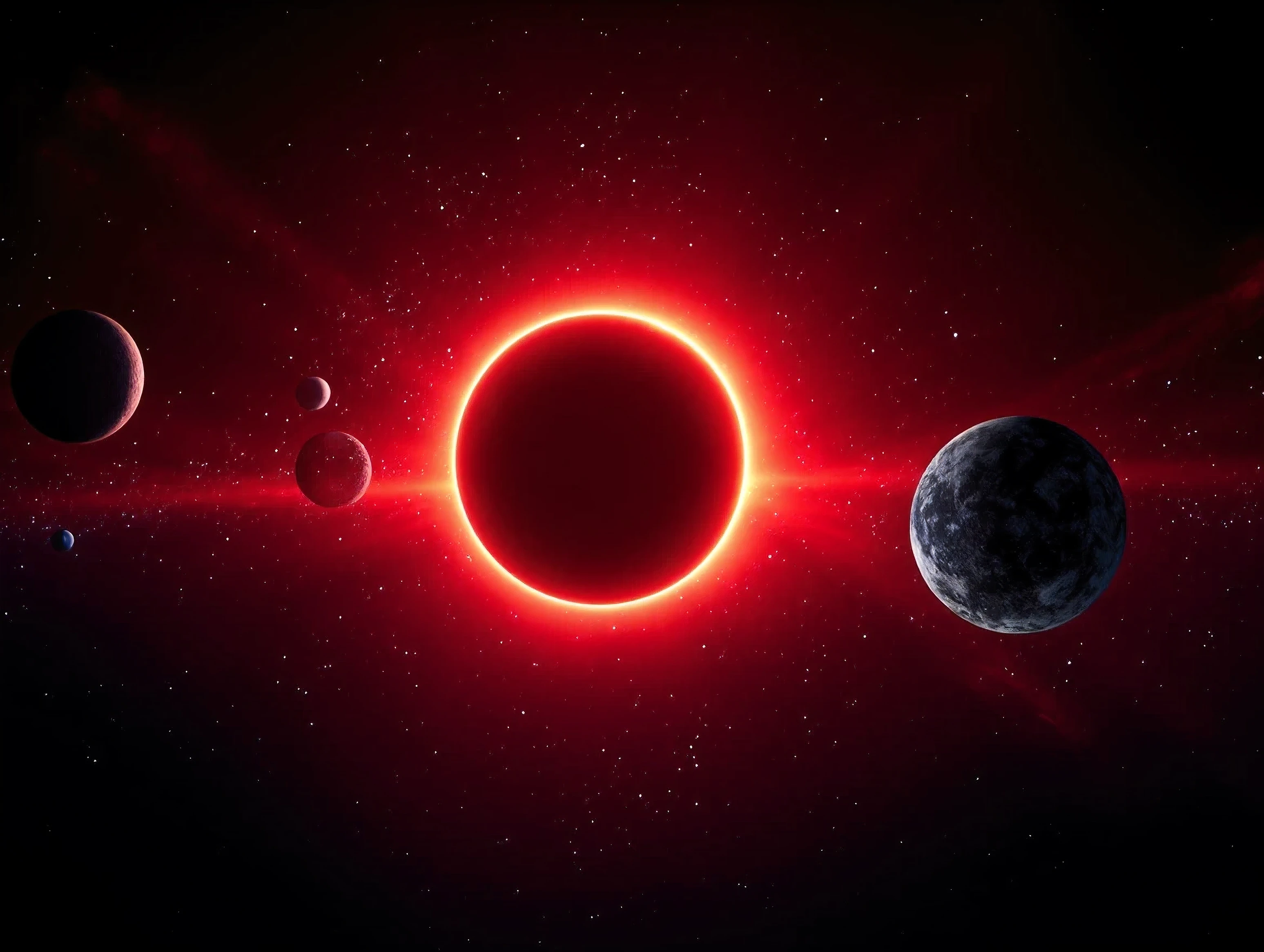 In this vivid and surreal image in the style of the James Webb Space Telescope and, the Hubble Telescope, a cosmic scene unfolds against a backdrop of deep blackness studded with a myriad of colorful celestial bodies and nebulae. Dominating the composition is a massive, glowing orb reminiscent of a star or planet in the midst of a solar eclipse. Its luminous red and yellow halo radiates vibrant energy, casting a surreal glow across the scene. Surrounding this central figure are smaller, multicolored planets and stars, each uniquely rendered in striking, exaggerated hues like greens, blues, and reds. A large, detailed Moon-like sphere hangs prominently in the upper portion of the image, providing contrast with its textured, familiar surface. The atmosphere evokes an otherworldly sense of wonder and exploration, with the bright colors and stark contrasts creating a dreamlike, almost psychedelic impression of a distant galaxy or parallel universe where natural laws seem to be reimagined. God's beauty, Ultra-realistic,photo-realistic perfect symmetry, rotational symmetry, icon style, ultra-detailed, physically-based rendering, 8k, cinematic photography and composition, cinematic lighting and shading, hyperrealistic, 3D Rendering, cinematography, ultra spherical, depth of field, UHDR, best quality, awe-inspiring, avant-garde images, a masterpiece