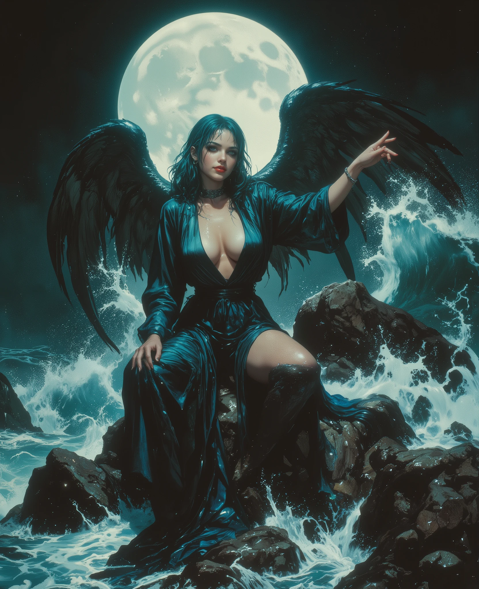 ildly around her semi-nude, voluptuous body, slick and dripping as she arches provocatively, robe fallen open to expose luscious 34DD teardrop breasts pressed wantonly against sheer, clinging dark blue iridescent fabric. Her mesmerizing bedroom eyes—heavy-lidded, hypnotically intent—hold the viewer captive in a spell of yearning. Wild blue-green hair streams damp from sea spray, framing her delicately European features and lips parted in a wicked, knowing smile, thick with pure desire. One hand glides seductively up her trembling thigh, the other beckoning insatiably, fingers curled in a come-hither command. She perches with legs parted, drenched robe etched to every curve, shimmering under the massive full moon that spills molten silver light over her glistening skin. Jagged waves roar below, echoing her raw sexual energy; every droplet tracing the hollow of her throat, the curve of her breasts, masterfully accentuated by painterly shadows. The scene blazes with moody, surreal atmosphere—expressive oil-brush strokes in bold black and white, haunted by blue-green tints and inspired by Bill Sienkiewicz and Dave McKean’s passionate art. Contrast slices intimately, capturing every contour, every molten detail—an angel born of seawater, insatiable and slick, radiating magical erotic tension with every sinuous line.