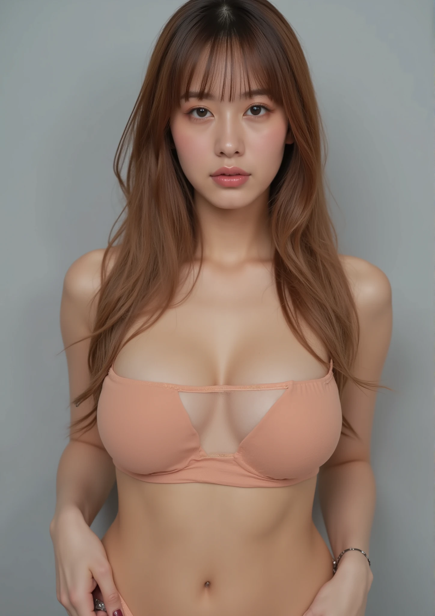 masterpiece, top quality,  girl、big boobs、big ass、from head to thigh on the foggy lakeside、Refreshing background