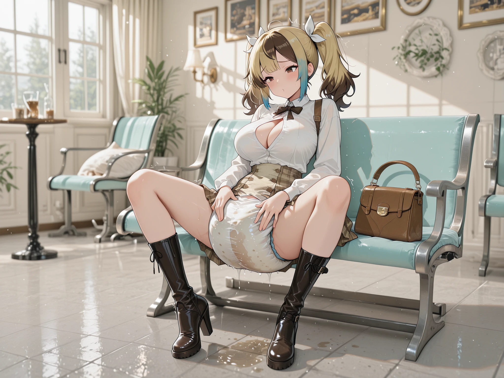 A girl with a beautiful face, large, sensual eyes gazing at the viewer, blue hair with pink tips, ((blonde hair with mixed-color highlights)), ((brown highlights)), ((brown highlights)), messy hair, bangs, white ribbons, and bulging eyes, wears an elegant and stylish cream-white long-sleeved blouse, unbuttoned to reveal her large (not tucked in) breasts, with an elegant, oversized white bow at her chest, just like in the reference. The skirt is a short, pleated brown plaid skirt with a visible white petticoat in layers and ruffles through which a large adult diaper peeks out, so exaggeratedly bulging and full of liquid that it looks like it's about to burst, soaking her legs and the floor. She wears tall, fluffy black leather boots with chunky heels. Her outfit is completed by a brown leather handbag slung casually over her shoulder. She sits with her legs spread, hands between her knees, hands inside her bulging diaper, masturbating sideways on a pastel-colored cafe bench, under soft natural light. Large breasts, upper torso: masterpiece, superior quality, detailed face, masterpiece, 8k, hd, HDR, amazing quality, superior quality, high resolution, goldenfieldszho, new, very aesthetic, ultra-detailed, absurd, perfect lighting, volumetric lighting (bright lighting), shading (good shading), depth of field, set design, amazing aesthetics, cinematic lighting, cinematic, shading (good shading), countershading, subsurface scattering, intricate details, illustration, perfect hands. diaper bulky, diaper wet, adult diaper, wet diaper, diaper girl
