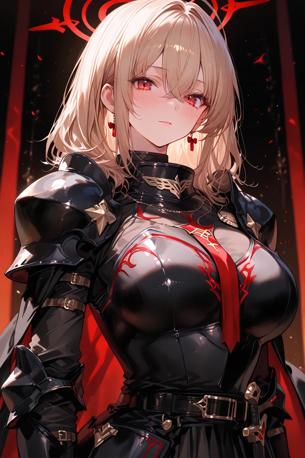 Solo, female, sfw, short blonde hair, extremely tall, large woman, golden eyes, black military uniform, red cape, battlefield, muscular, leather gloves, armor, night, medieval, torn clothes ????????????, defeated, lying on the ground, close up, arms above head, thigh boots, bound hands, wounded