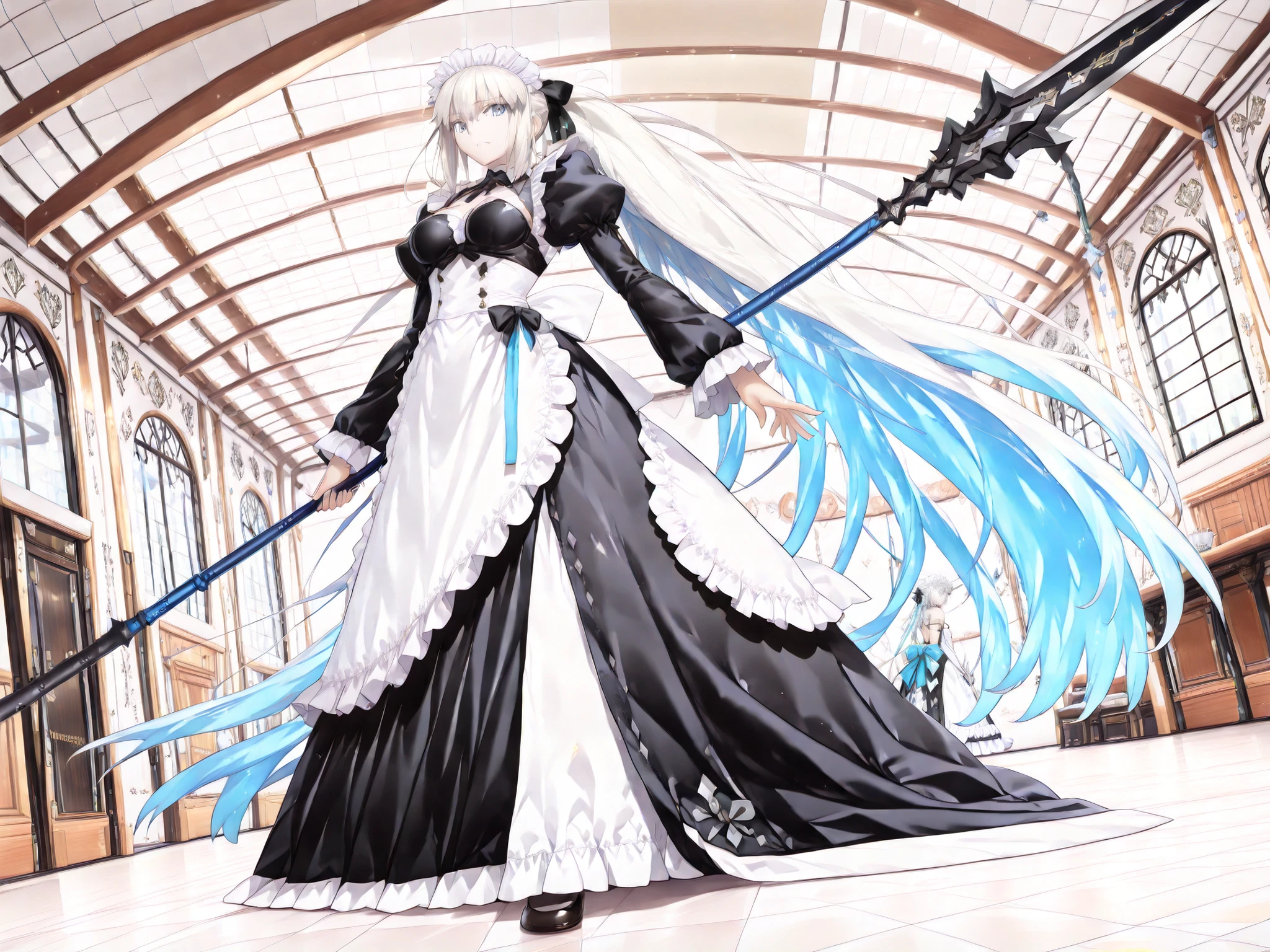 (masterpiece:1.2), (Highest Quality:1.2), (Super Detailed:1.2),
(Fate/Grand Order style:1.3), (Thickly painted anime style:1.2), (anime style:1.25),takeuchi takashi,(2girls:1.4), (comical atmosphere:1.4), ((Fate Grand Order)),
((inside a cute maid café during special One-Day Maid Experience event)),
(dramatic extreme low-angle shot from floor level)),
((girl raising black three-pronged spear overhead to attack)),
(personA: Morgan le Fay (Fate), white hair, griping black spear:1.3),
(personB: fujimaru ritsuka (female), aaritstks:1.2),
((shattered floating hearts)),
(Voluptuous breasts:1.0), (plump hips:1.0),
(only these exact two girls + viewer’s own hands in razor-sharp focus:1.3)