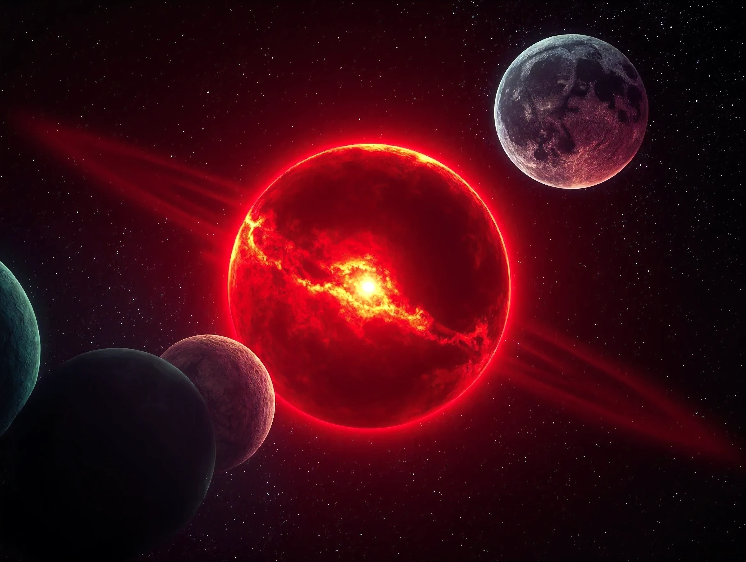 In this vivid and surreal image in the style of the James Webb Space Telescope and, the Hubble Telescope, a cosmic scene unfolds against a backdrop of deep blackness studded with a myriad of colorful celestial bodies and nebulae. Dominating the composition is a massive, glowing orb reminiscent of a star or planet in the midst of a solar eclipse. Its luminous red and yellow halo radiates vibrant energy, casting a surreal glow across the scene. Surrounding this central figure are smaller, multicolored planets and stars, each uniquely rendered in striking, exaggerated hues like greens, blues, and reds. A large, detailed Moon-like sphere hangs prominently in the upper portion of the image, providing contrast with its textured, familiar surface. The atmosphere evokes an otherworldly sense of wonder and exploration, with the bright colors and stark contrasts creating a dreamlike, almost psychedelic impression of a distant galaxy or parallel universe where natural laws seem to be reimagined. God's beauty,  Ultra-realistic,photo-realistic perfect  symmetry, rotational symmetry, icon style, ultra-detailed, physically-based rendering, 8k, cinematic photography and composition, cinematic lighting and  shading, hyperrealistic, 3D Rendering, cinematography, ultra spherical, depth of field, UHDR, best quality, awe-inspiring, avant-garde images, a masterpiece 