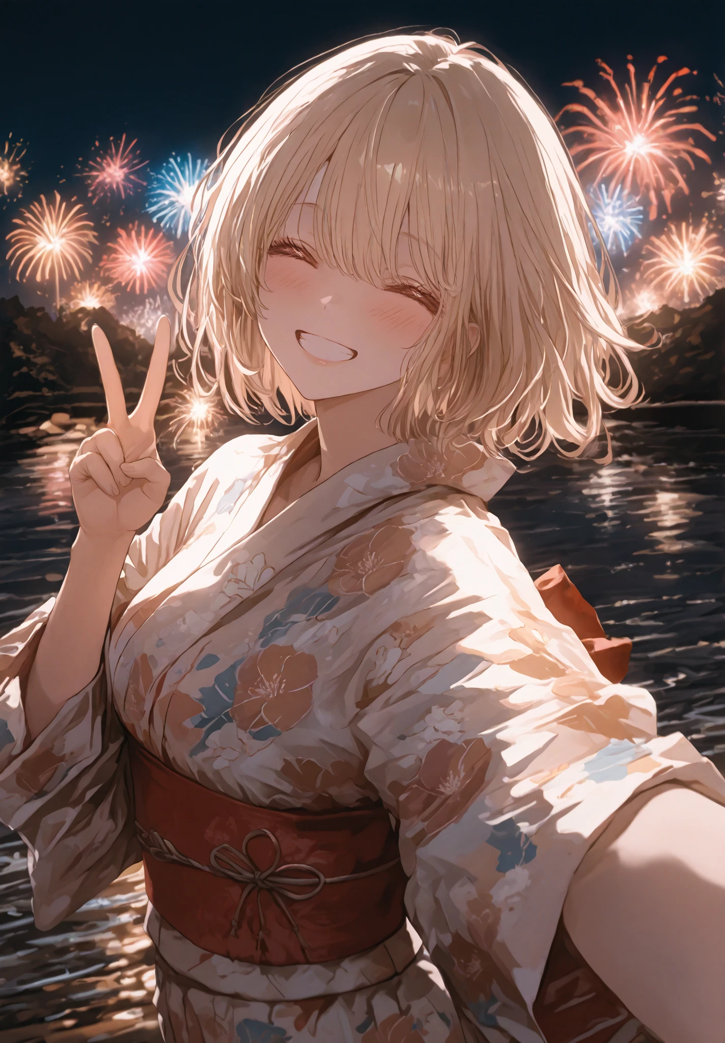 masterpiece、and above、8k,dynamic pose、dynamic angle、One woman (blonde, Japanese gal, smiling, floral yukata, selfie, peace sign), fireworks festival, riverbank, fireworks, firework light, night sky,, anime style、wide shot, CG art
