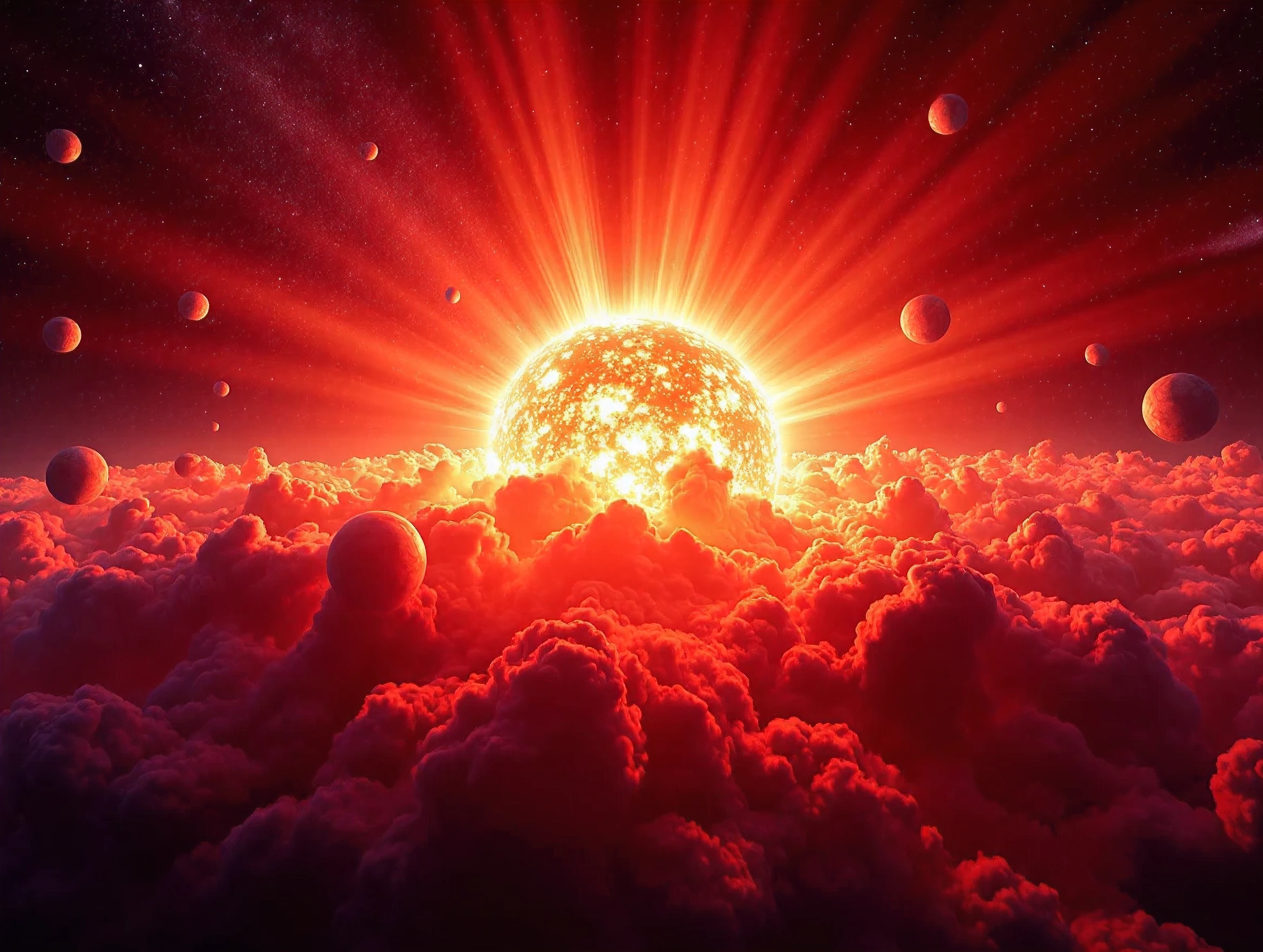Ultra-realistic, photo-realistic, ultra-detailed, physically-based rendering, 3D rendered realism, UHDR, highres, a vibrant, cosmic explosion dominates the center of the image, emanating intense orange and red light with fiery tendrils stretching outwards. Surrounding this central burst are numerous celestial bodies, appearing as textured planets or moons in various sizes and colors, including pink, green, teal, and earthy browns. Wisps of colorful nebulae, in shades of pink, purple, and white, drift through the dark, star-speckled expanse of space. The composition is dynamic, with rays of light shooting from the central explosion, illuminating the nearby planets and creating a sense of immense energy and wonder. The overall mood is awe-inspiring and fantastical, depicting a universe teeming with otherworldly phenomena. A close up of a sun surrounded by planets and stars, colorful explosion, colourful explosion, supernova explosion, cosmic and colorful, bright explosion, explosion of colors, colorful redshift render, an explosion of colors, dark neon colored universe, cosmic cataclysm, solar flare hd, exploding planet in background, cosmic colors, colorful digital fantasy art