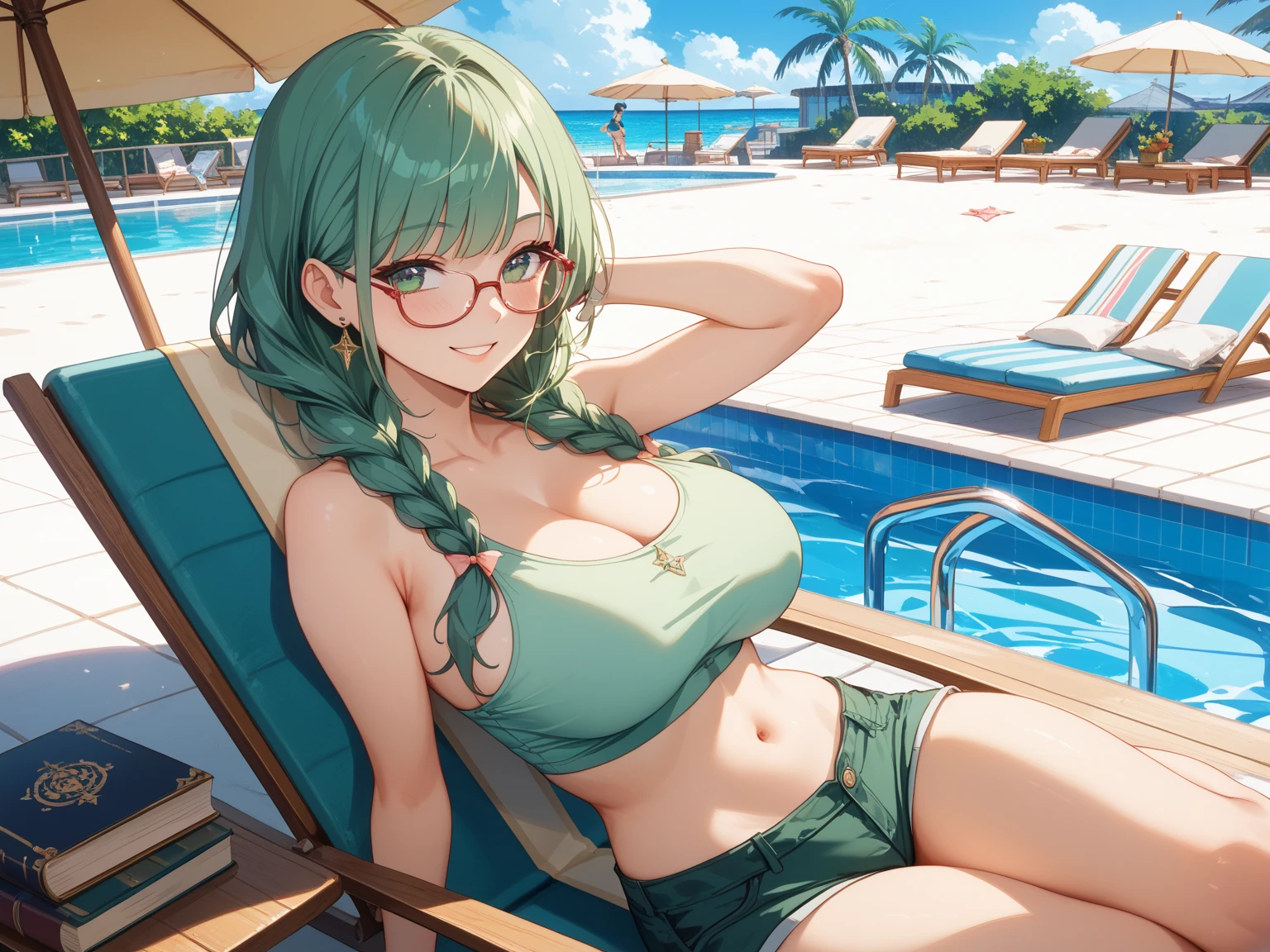 1 anime girl, solo, anatomically correct, supermodel, beautiful girl, light green hair, cyan colour hair, short hair, curly hair, intense curls, very short hair, beautiful blue eyes, highly detailed face illustration, green ??????, medium sized ???????, hourglass figure, juicy thighs, ??????????????????, ??????????, showcasing her ?????, sitting on sunbed, camera focused on her ?????, lower angle, front view, 8k, best quality
