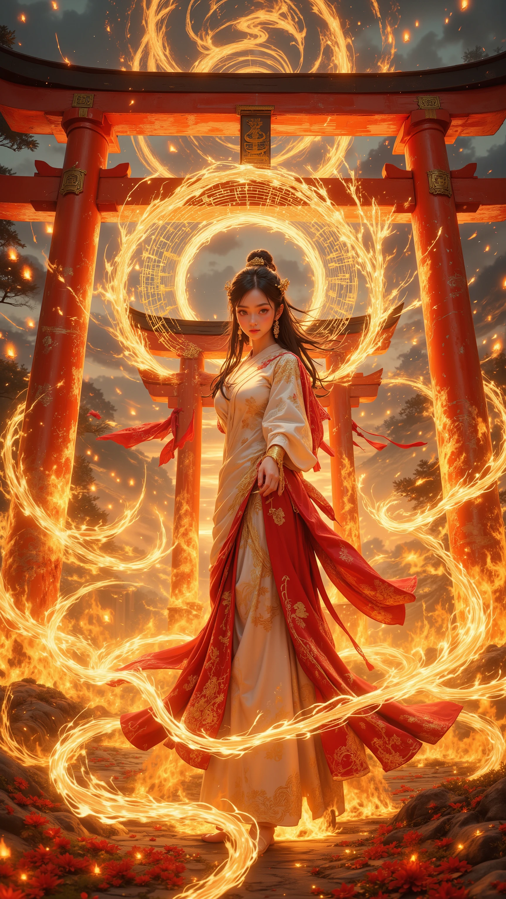 FLUX style, ultra-detailed panoramic cinematic masterpiece -- A grand fire festival unfolds beneath a twilight sky, where countless sacred flames rise in harmony with the night. Towering bonfires blaze across the horizon, their golden sparks drifting upward like endless constellations. Rivers of fire weave through the landscape, flowing alongside crimson petals and glowing embers, merging into a breathtaking tapestry of light. Lanterns shimmer among the flames, illuminating the vast expanse with divine radiance. A monumental red torii gate stands silhouetted against the inferno, its golden accents gleaming with sacred mystery.
At the center of this fiery dreamscape, a shrine maiden performs kagura in devotion to the fire god. Her flowing red and white kimono, embroidered with golden threads, glimmers in the shifting firelight. Long black hair sways gracefully as she dances, her sleeves tracing arcs of flame-like brilliance. In her hands, ritual bells and a sacred fan sparkle, each movement weaving luminous trails that blend seamlessly with the surrounding flames. Her serene eyes reflect the divine glow, embodying spiritual harmony and transcendent beauty.
Around her, a vast fire circle radiates with intricate golden patterns, runes spiraling outward as if alive, casting divine brilliance upon her figure, the torii, and the blazing festival grounds. The composition emphasizes the silk sheen of her kimono, the flickering firelight on her face, the sacred torii’s weathered texture, and the endless flames rising skyward. The palette is strictly red, gold, and white, creating a transcendent, otherworldly landscape of sacred silence, celestial devotion, and infinite fire.