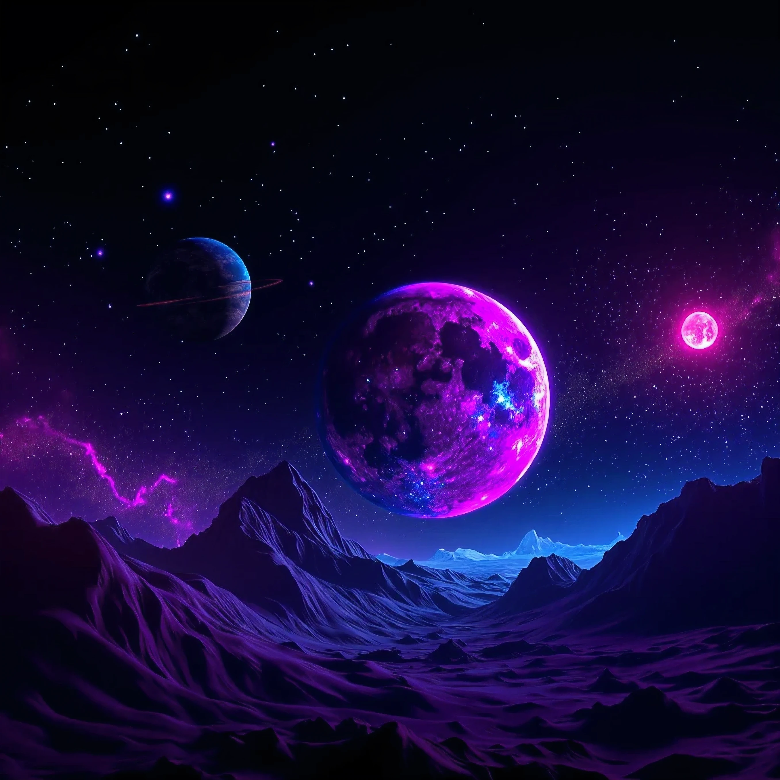 Ultra brightly colored planets and stars, cosmic and ultra colorful glows contrasted against a black empty vacuum, neon colored planets, cosmic ultra bright neon planets in the background, stars scattered liked brightly reflective diamonds, planet and stars, beautiful space, hyperrealistic fantasy space, universe, scene in space, cosmic colorful ultima moongate, neon/fluorescent colored galaxy, colors are too bright against a black felt background. Awe-inspiring, God's beauty, surreal fantasy art style, aesthetically incredible, ethereal elements, disquieting, and amazingly beautiful, a masterpiece.