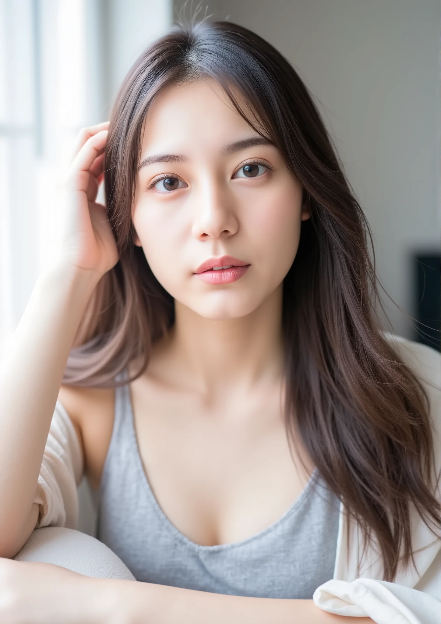 masterpiece, top quality,  girl、big boobs、big ass、from head to thigh on the foggy lakeside、in the bedroom、 morning glow