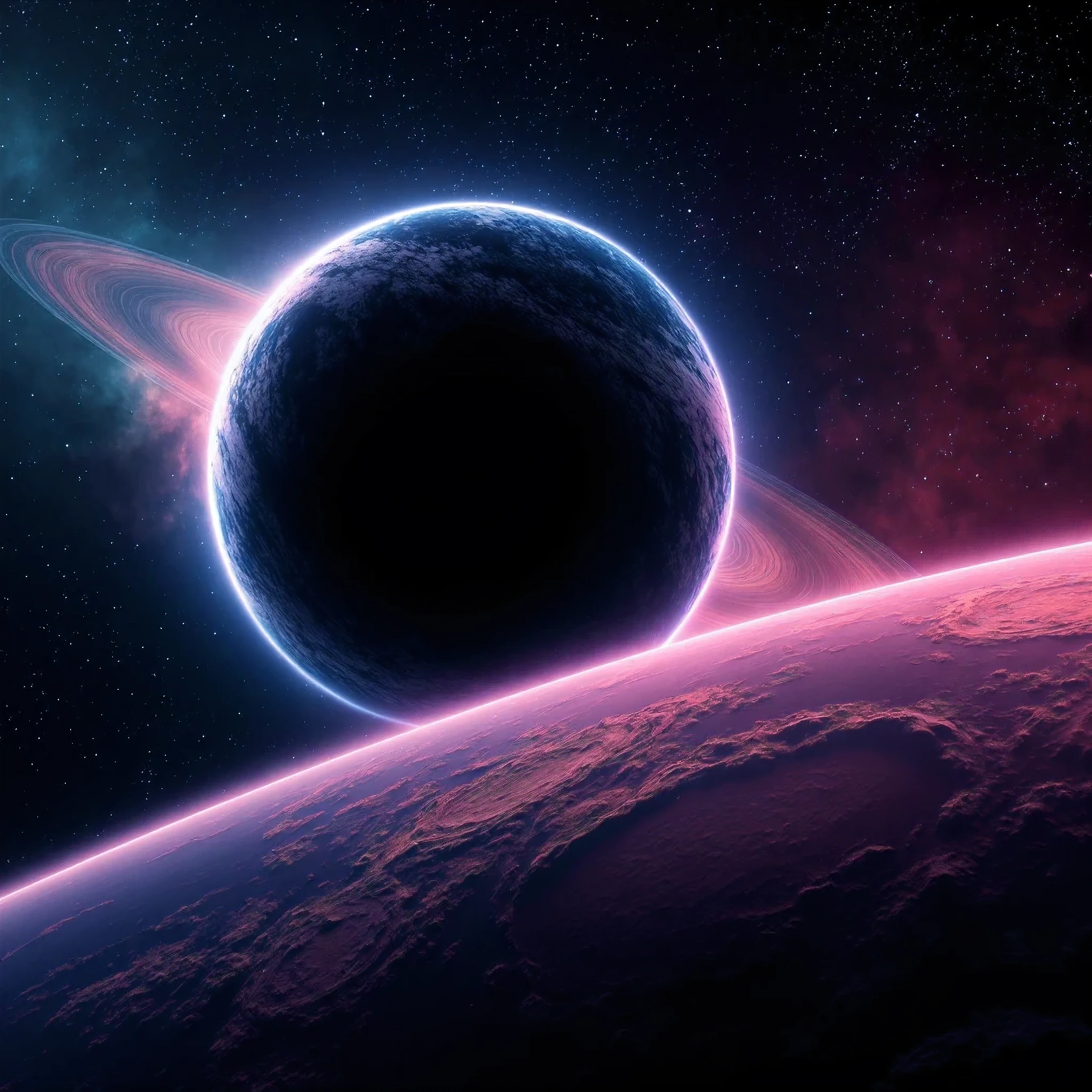 Ultra-realistic,photo-realistic,ultra-detailed,physically-based rendering,3D rendered realism, a close up of a black hole surrounded by planets and stars, cosmic and colorful, planet with rings, dark neon colored universe, outer space, beautiful,high quality,cinematic,detailed,dramatic lighting,stunning color palette,deep shadows,interstellar clouds,glowing nebulae,shimmering aurora,massive rings,serene and peaceful,photorealistic,8K,professional movie quality images. a close up of a black hole surrounded by planets and stars, cosmic and colorful, planet with rings, dark neon colored universe, outer space, beautiful space star planet neon, ringed planet in the sky, planets and galaxies, black hole in space, space backround, birth of the universe, surreal space, galaxy space sci - fi, cosmic space, portal to outer space
