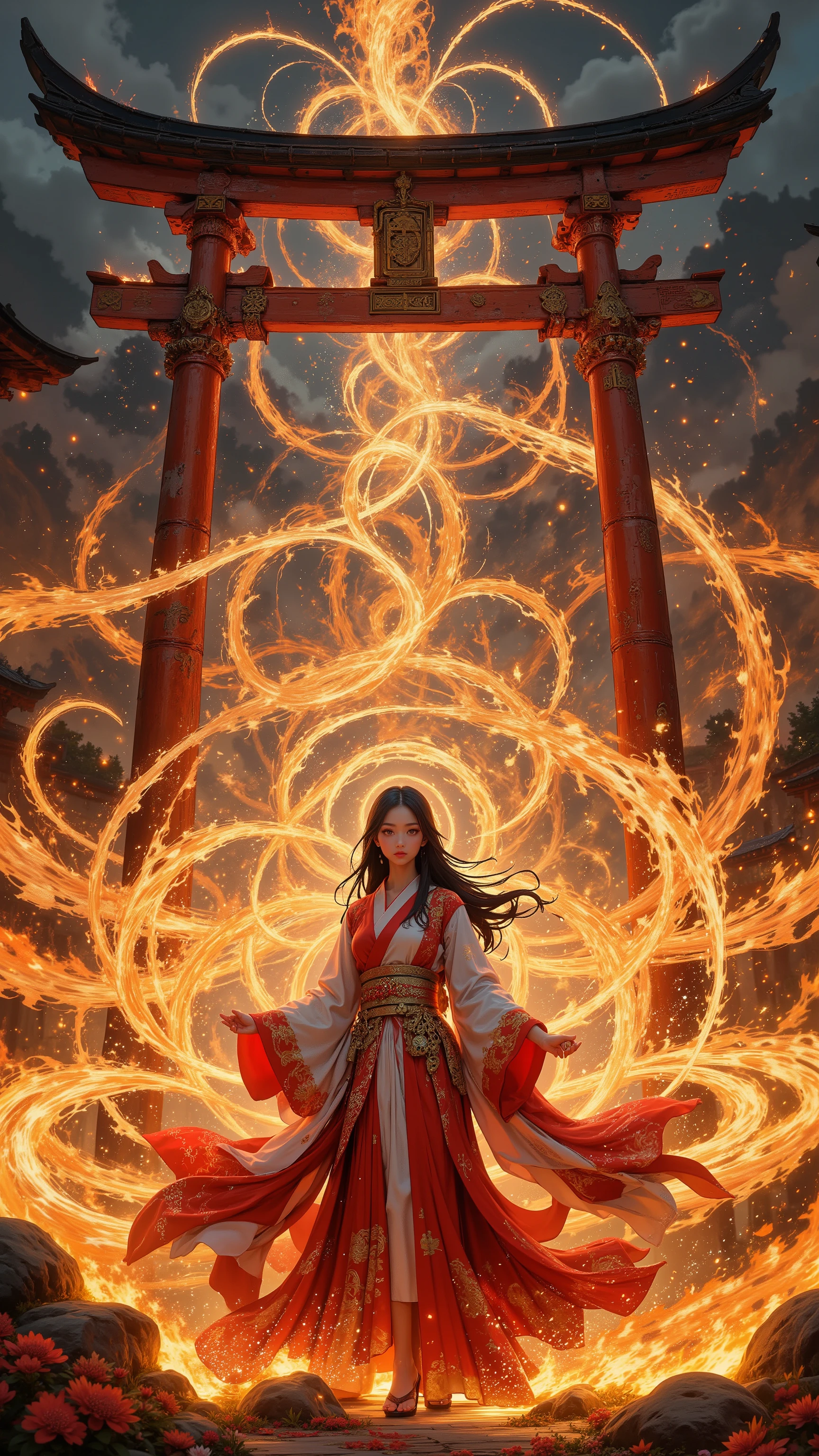 FLUX style, ultra-detailed panoramic cinematic masterpiece -- A grand fire festival unfolds beneath a twilight sky, where countless sacred flames rise in harmony with the night. Towering bonfires blaze across the horizon, their golden sparks drifting upward like endless constellations. Rivers of fire weave through the landscape, flowing alongside crimson petals and glowing embers, merging into a breathtaking tapestry of light. Lanterns shimmer among the flames, illuminating the vast expanse with divine radiance. A monumental red torii gate stands silhouetted against the inferno, its golden accents gleaming with sacred mystery.
At the center of this fiery dreamscape, a shrine maiden performs kagura in devotion to the fire god. Her flowing red and white kimono, embroidered with golden threads, glimmers in the shifting firelight. Long black hair sways gracefully as she dances, her sleeves tracing arcs of flame-like brilliance. In her hands, ritual bells and a sacred fan sparkle, each movement weaving luminous trails that blend seamlessly with the surrounding flames. Her serene eyes reflect the divine glow, embodying spiritual harmony and transcendent beauty.
Around her, a vast fire circle radiates with intricate golden patterns, runes spiraling outward as if alive, casting divine brilliance upon her figure, the torii, and the blazing festival grounds. The composition emphasizes the silk sheen of her kimono, the flickering firelight on her face, the sacred torii’s weathered texture, and the endless flames rising skyward. The palette is strictly red, gold, and white, creating a transcendent, otherworldly landscape of sacred silence, celestial devotion, and infinite fire.