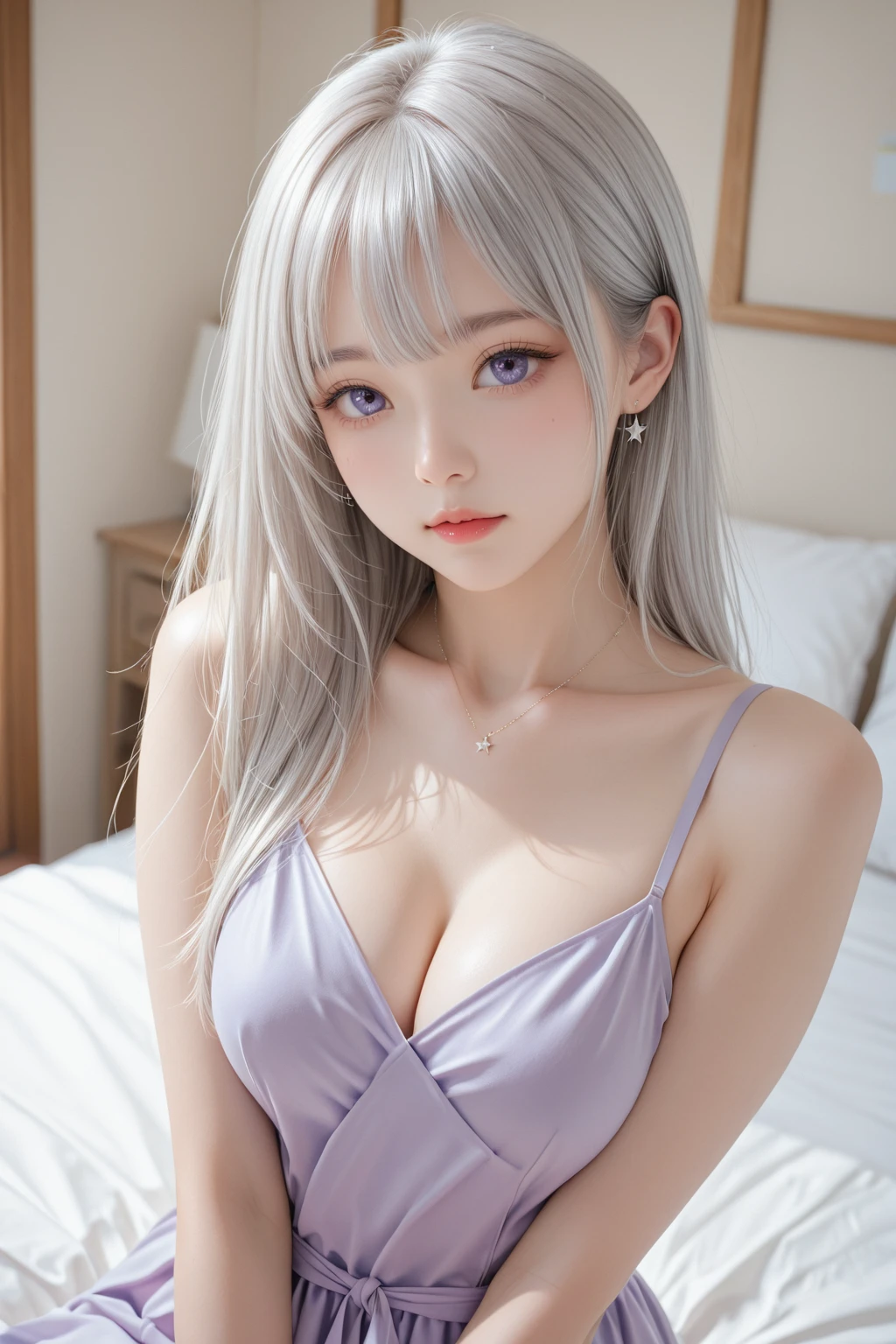 8K, highest quality, RAW photo,  ultra high resolution　Beautiful woman　beautiful butt　　huge breastsの谷間　thin eyebrows　on the bed　huge breasts　silver hair　silver blonde　gray hair　 Pink clothes that make your body line look beautiful　Pink  off-shoulder knit　sexy　2 limbs　close your eyes　open your legs　pink  　alone　Focus on the lower back　open your mouth　Are sleeping　close your eyes頬を紅潮させて　double　beautiful nose　Make the nose smaller