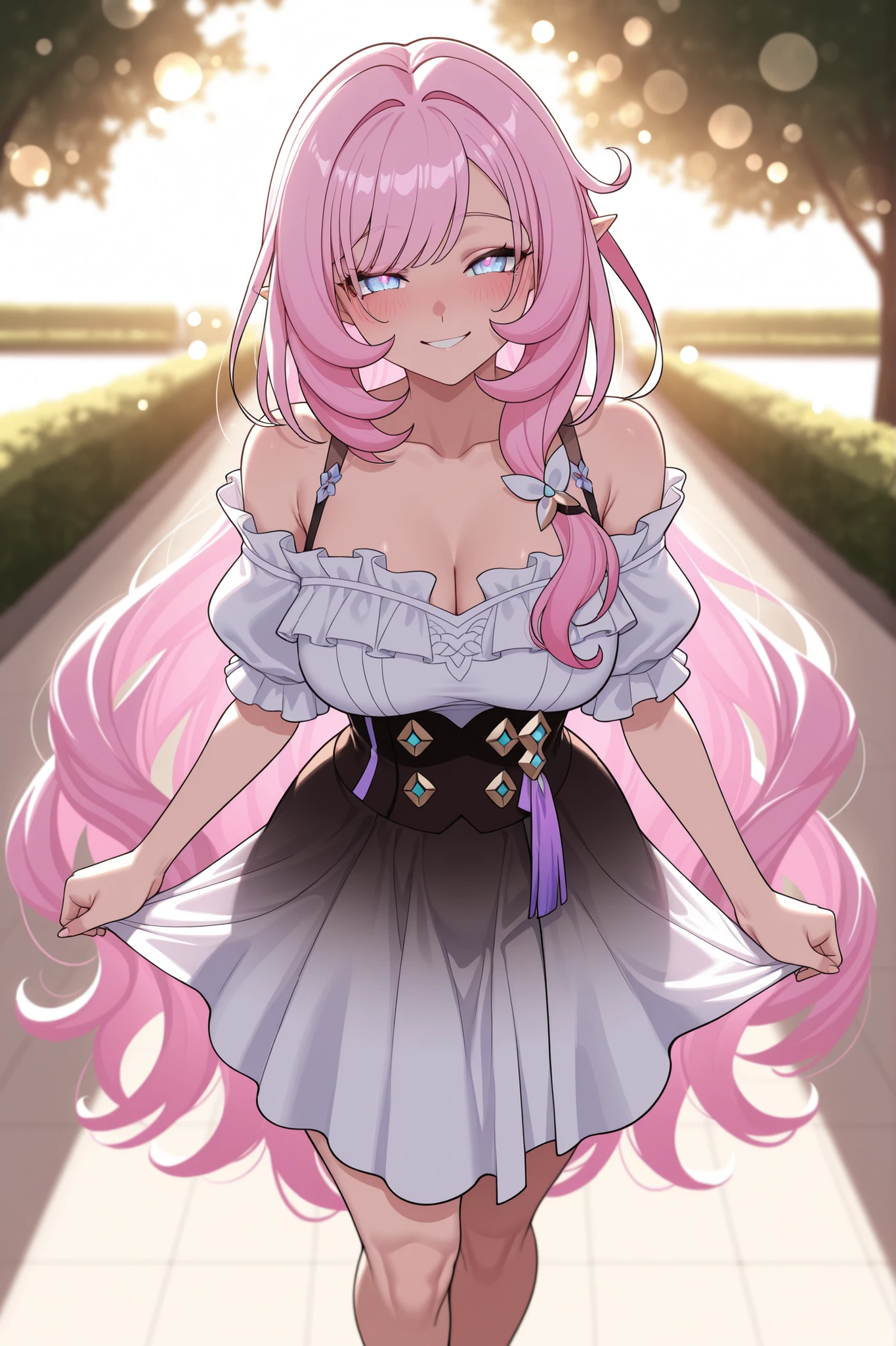 elysia_\(honkai_impact\), Mullon art style, high quality, masterpiece, best quality, 1girl, solo, gradient long straight hair let down, blush, bokeh light, score_9, score_8_up, score_8, 1girl, hair let down, long straight hair, pink and white gradient hair, looking at viewer, viewer pov, wavy hair, ((hair let down)), ((straight long hair)), ((wavy hair)), smile, laugh, Elysia from Honkai Impact 3rd, long hair, delicate facial features, natural skin texture, professional stylist outfit, off-shoulder beige blouse with high-waisted satin midi skirt, walking on a park with viewer, soft warm lighting enhancing the cozy atmosphere, blurred background, fashionable simple design, face focus, masterpiece, best quality, ultra quality, high detailed, morning time, garden background